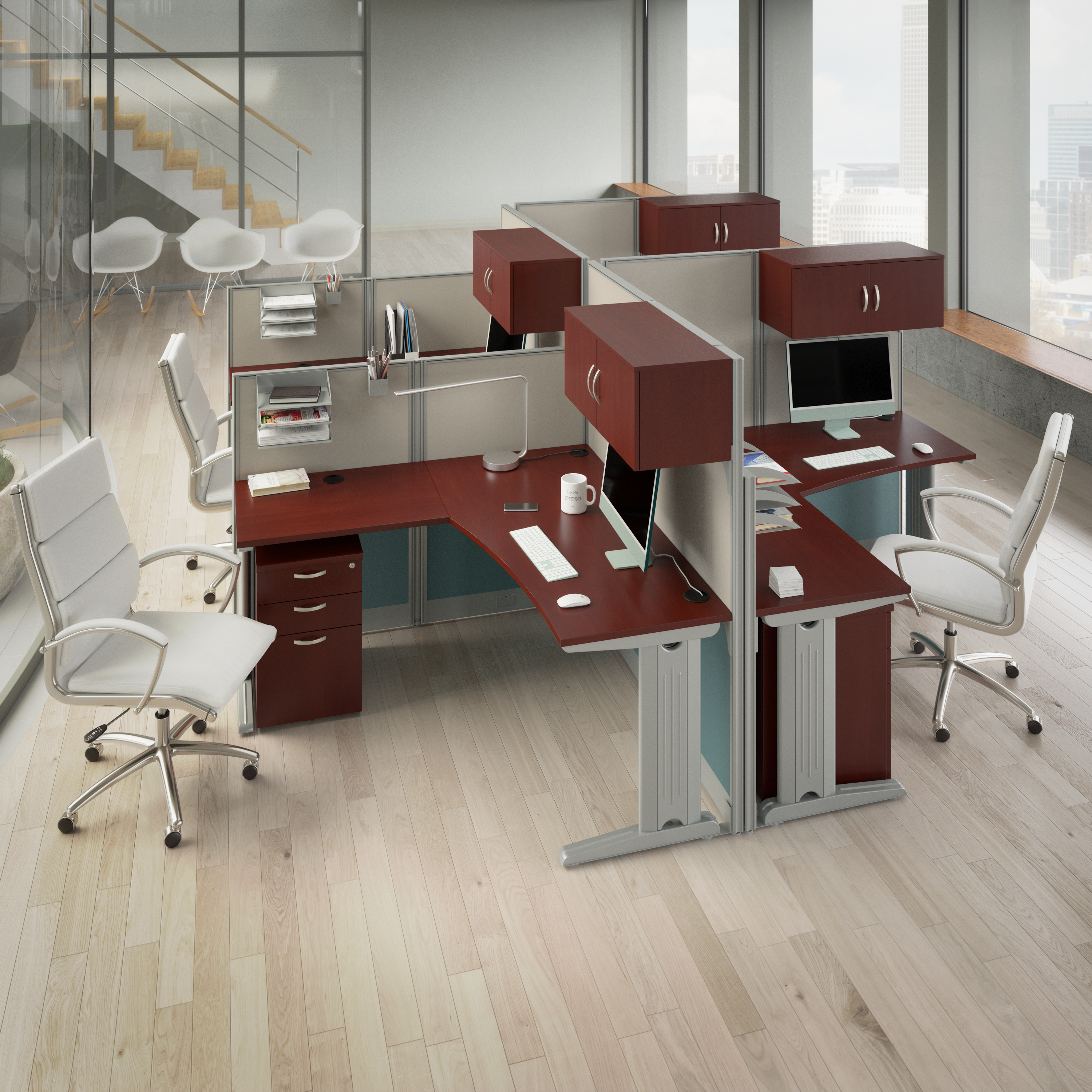 Shop Bush Business Furniture Office in an Hour 4 Person L Shaped Cubicle Desks with Storage, Drawers, and Organizers 01 OIAH007HC #color_hansen cherry