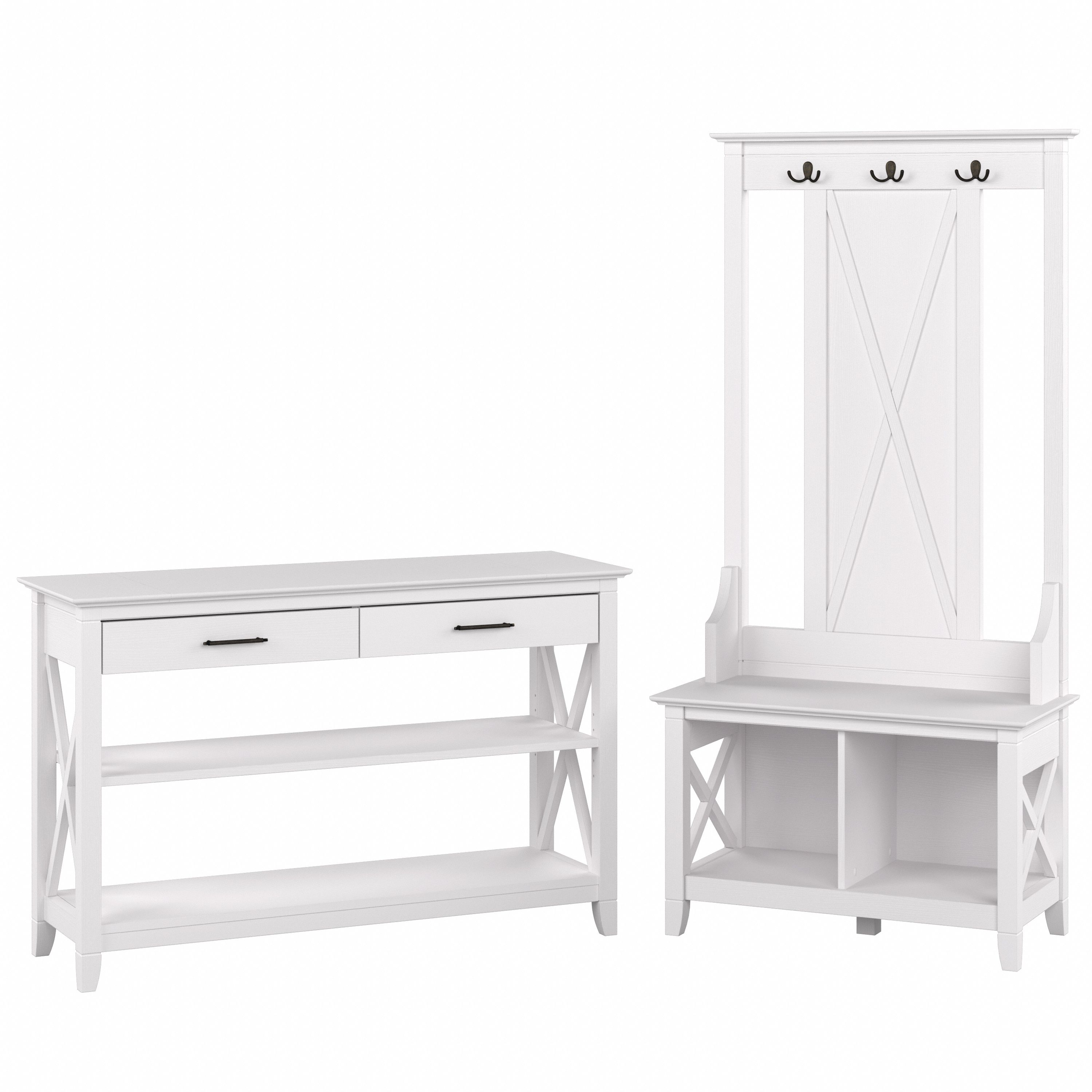 Shop Bush Furniture Key West Entryway Storage Set with Hall Tree, Shoe Bench and Console Table 02 KWS056WT #color_pure white oak
