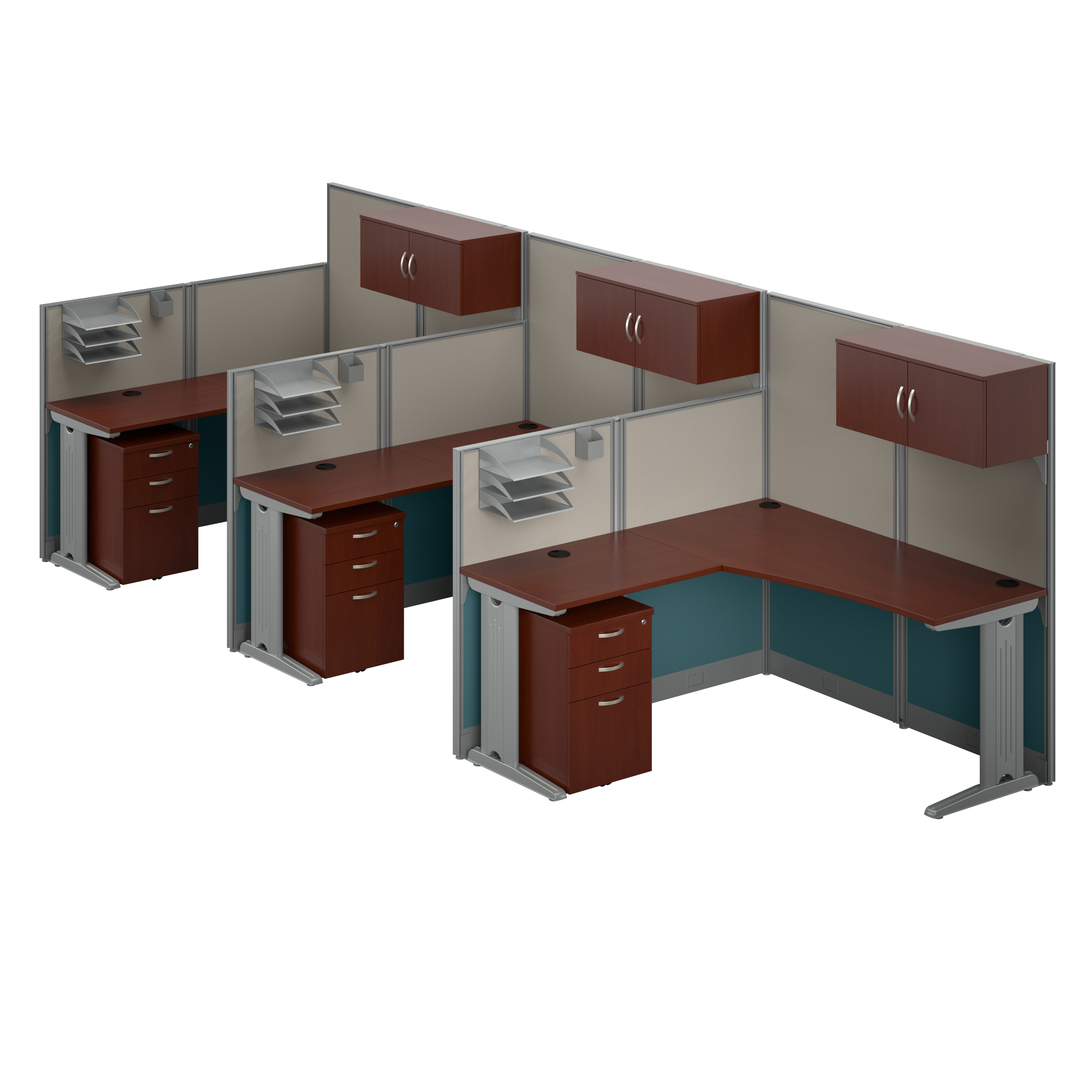 Shop Bush Business Furniture Office in an Hour 3 Person L Shaped Cubicle Desks with Storage, Drawers, and Organizers 02 OIAH006HC #color_hansen cherry