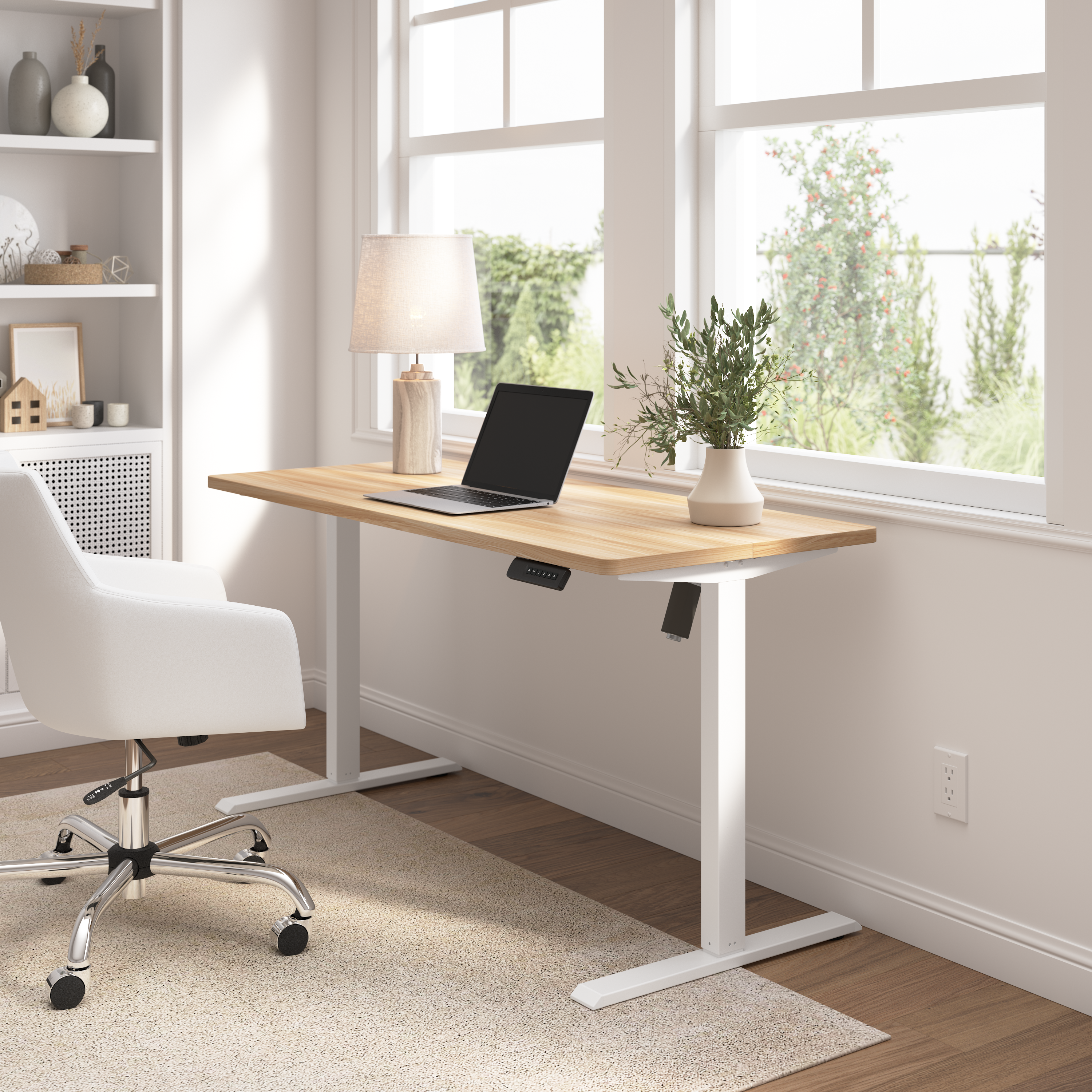 Shop Bush Furniture Energize 55W x 24D Electric Height Adjustable Standing Desk 06 EZ155MAW-03 #color_maple/white frame