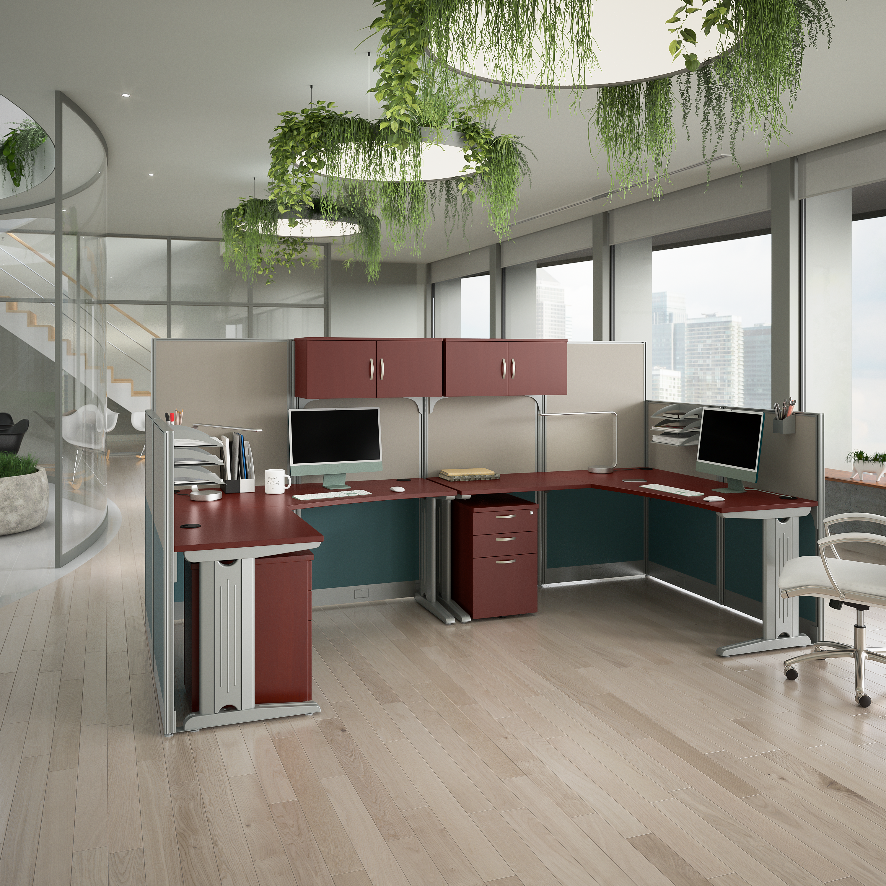 Shop Bush Business Furniture Office in an Hour 2 Person L Shaped Cubicle Desks with Storage, Drawers, and Organizers 01 OIAH008HC #color_hansen cherry