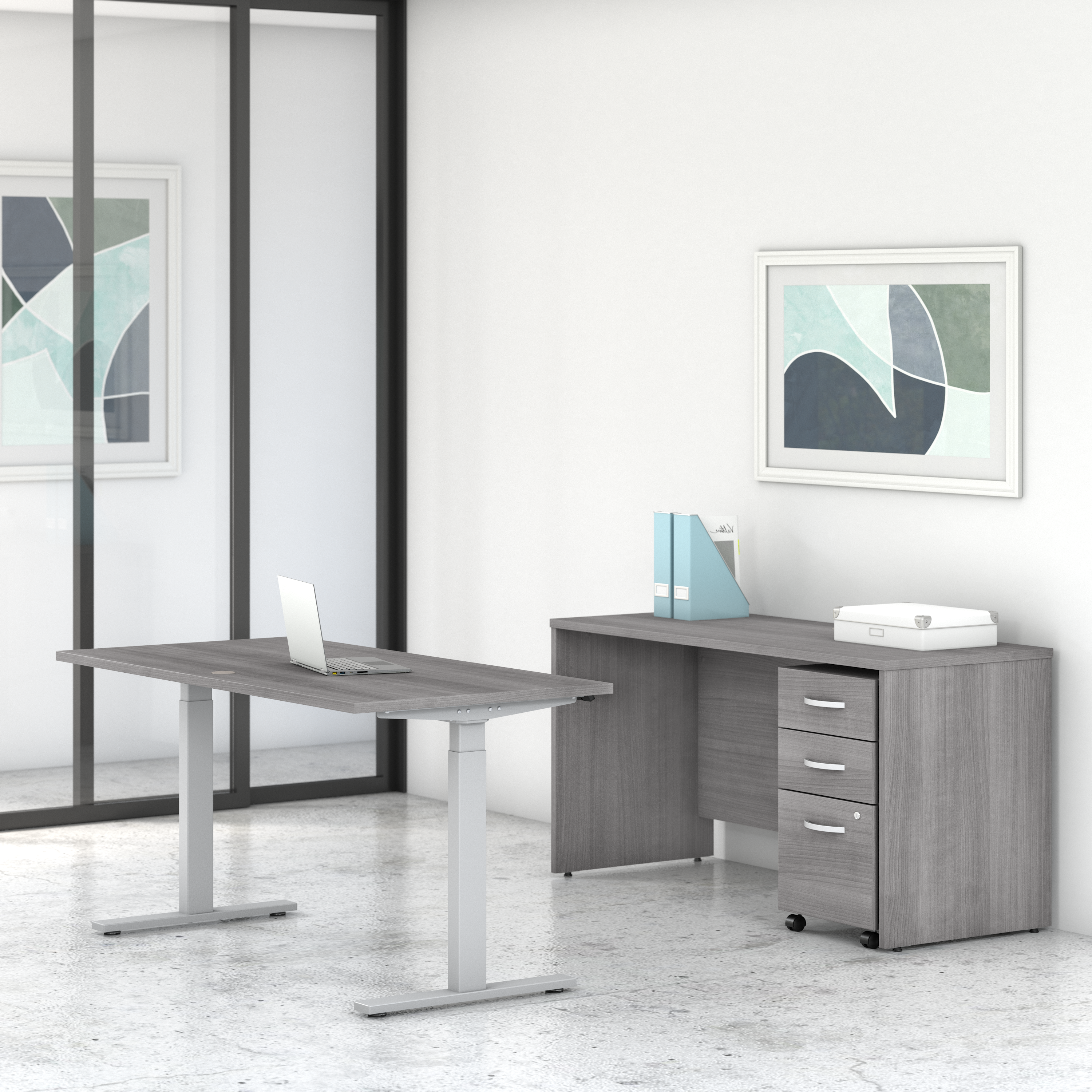 Shop Bush Business Furniture Studio C 60W x 30D Height Adjustable Standing Desk, Credenza and Mobile File Cabinet 01 STC017PGSU #color_platinum gray