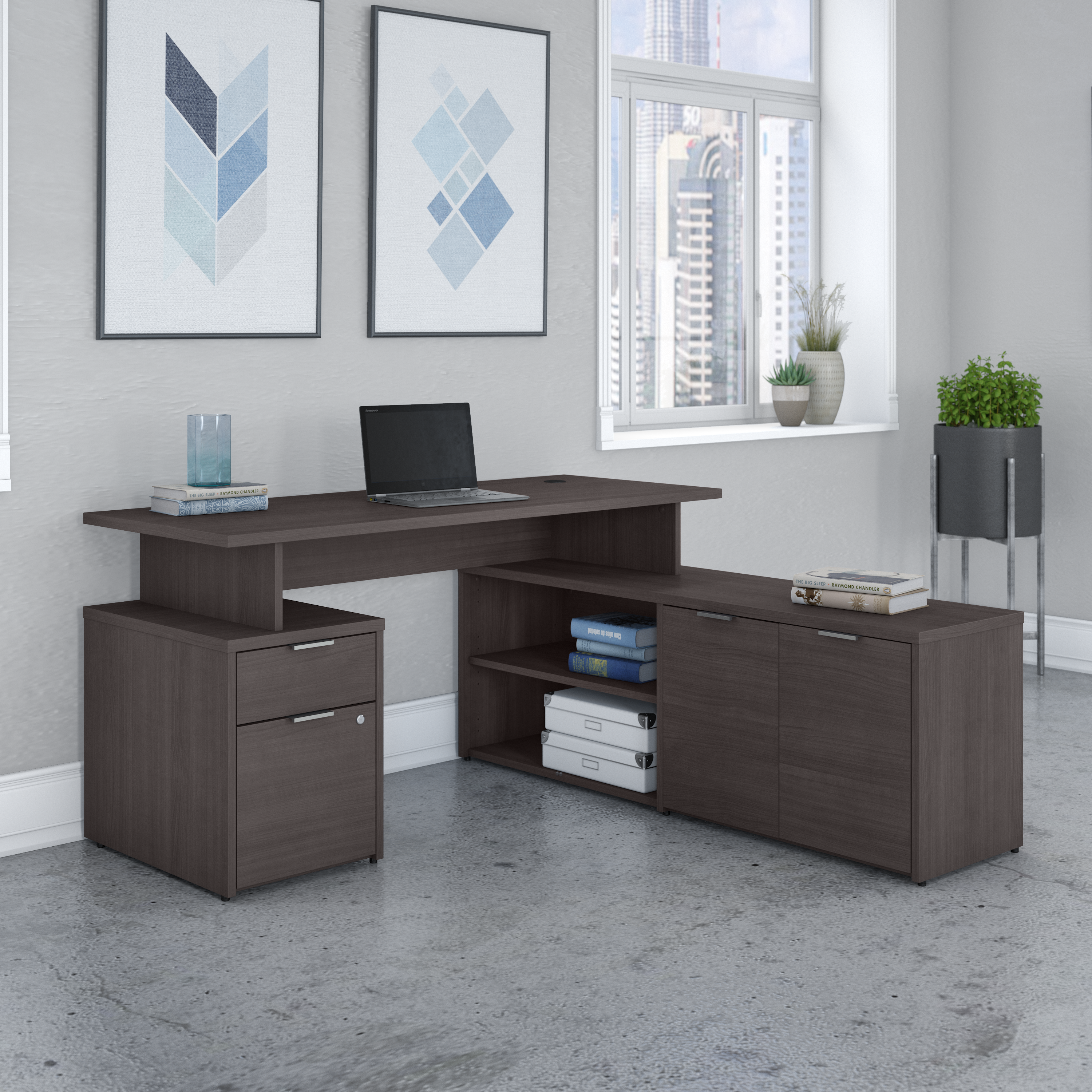 Shop Bush Business Furniture Jamestown 60W L Shaped Desk with Drawers 01 JTN021SGSU #color_storm gray