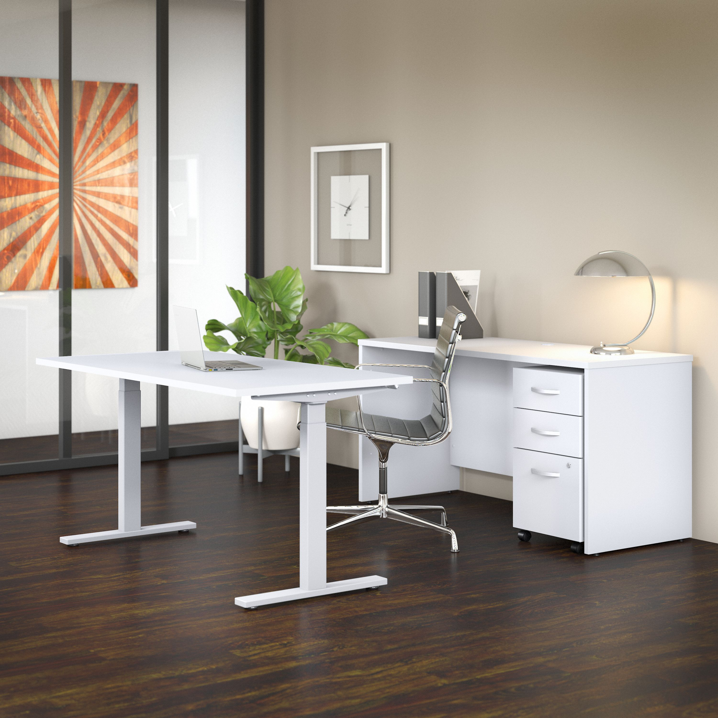 Shop Bush Business Furniture Studio C 60W x 30D Height Adjustable Standing Desk, Credenza and Mobile File Cabinet 01 STC017WHSU #color_white