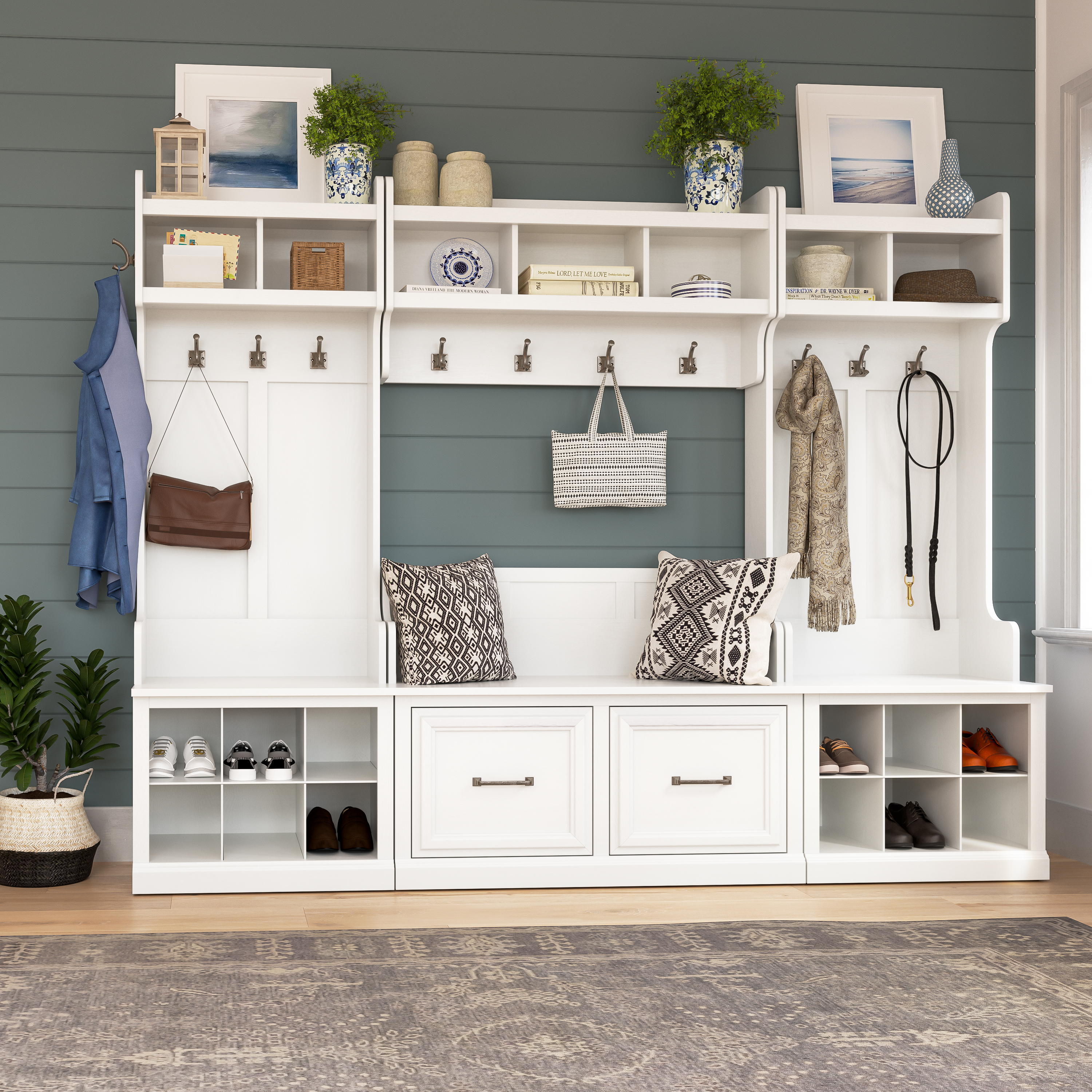 Shop Bush Furniture Woodland Entryway Storage Set with Hall Trees and Shoe Bench with Doors 09 WDL011WAS #color_white ash