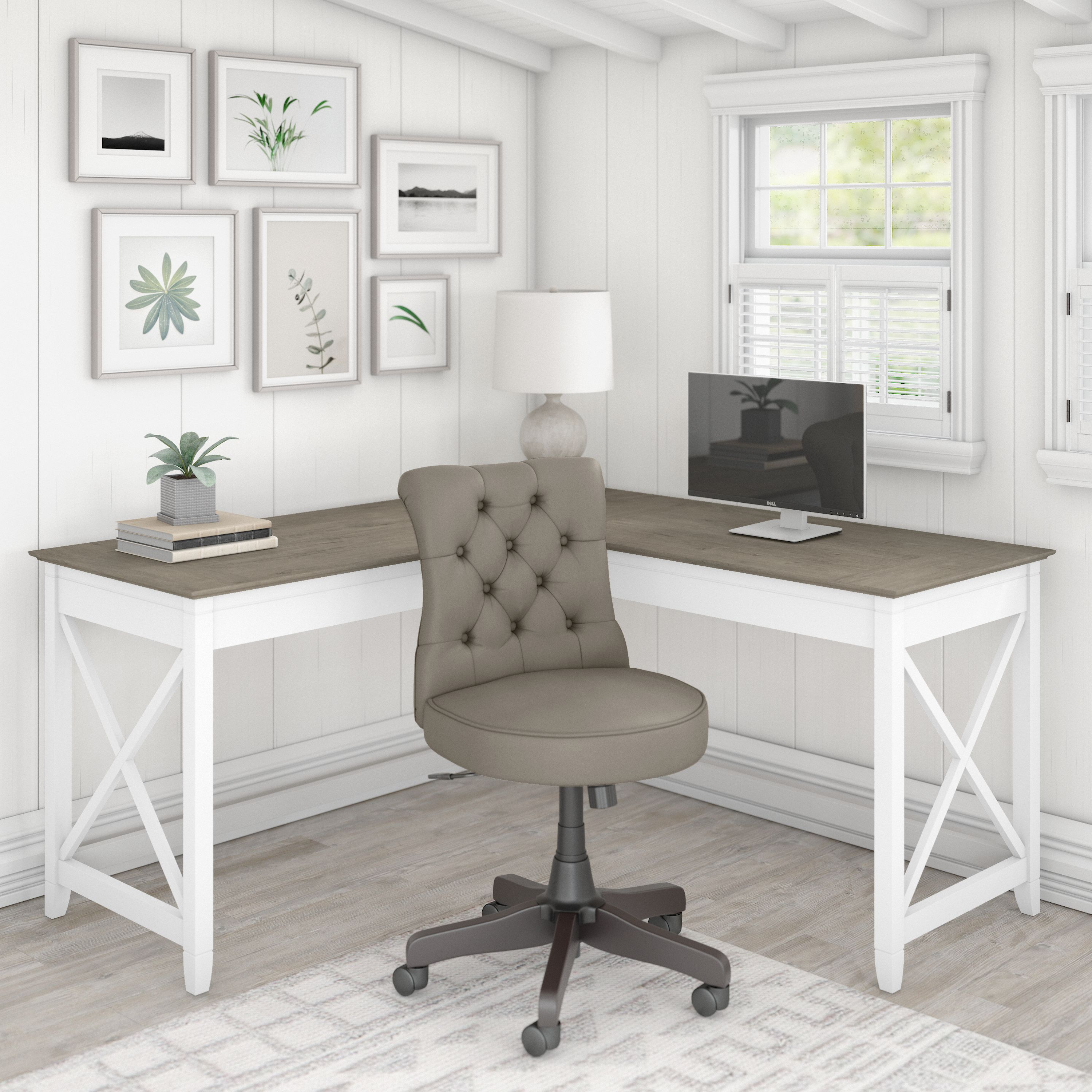 Shop Bush Furniture Key West 60W L Shaped Desk with Mid Back Tufted Office Chair 01 KWS045G2W #color_shiplap gray/pure white