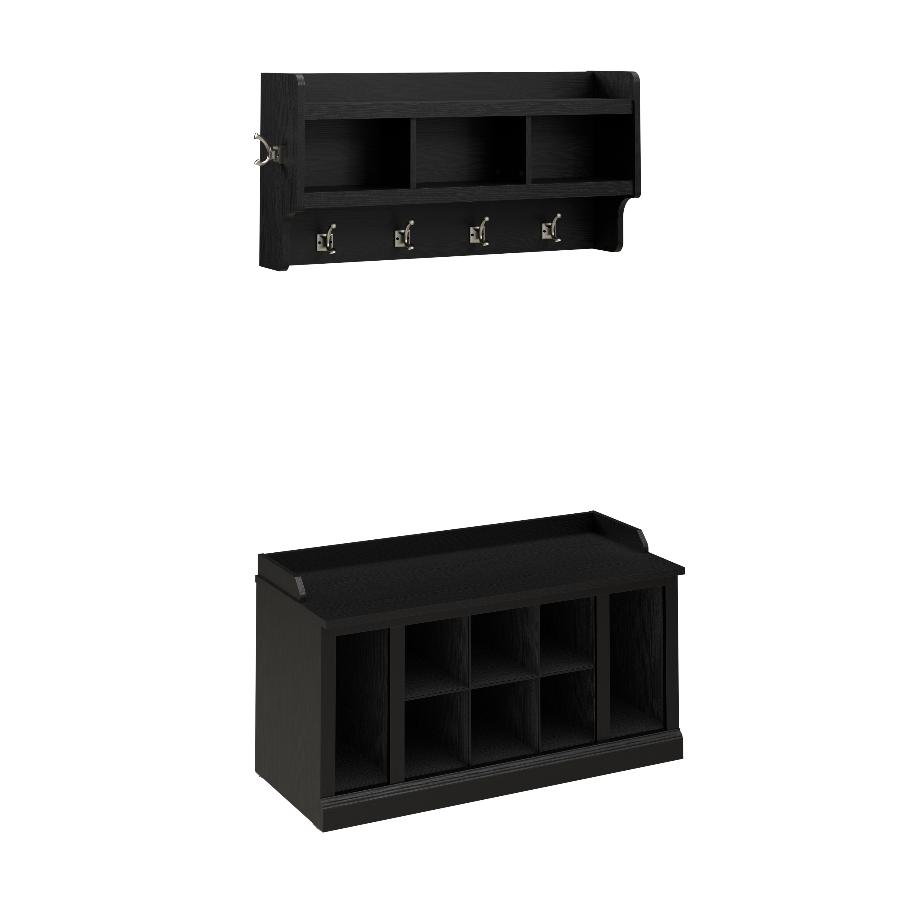 Shop Bush Furniture Woodland 40W Shoe Storage Bench with Shelves and Wall Mounted Coat Rack 02 WDL004BS #color_black suede oak