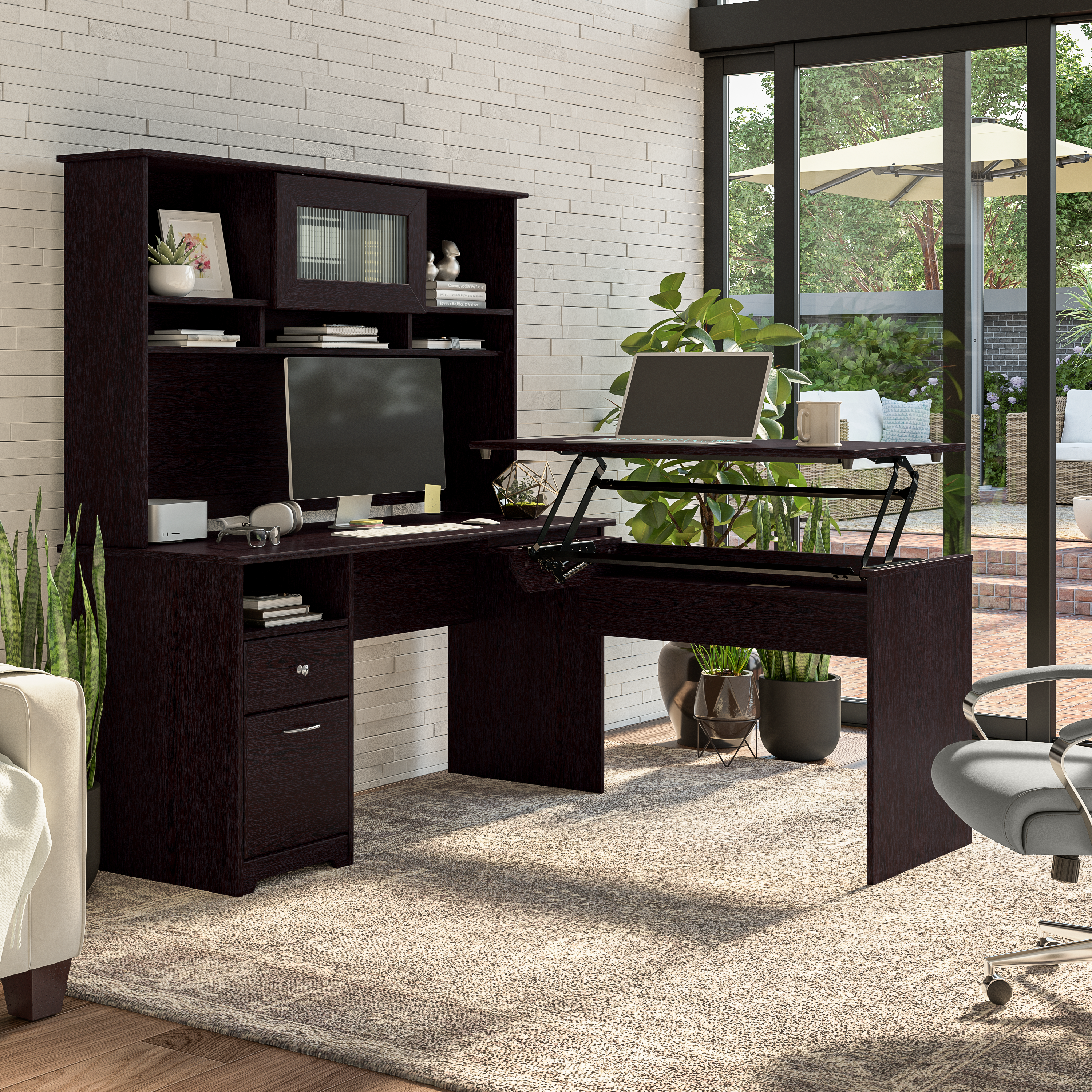 Shop Bush Furniture Cabot 60W 3 Position Sit to Stand L Shaped Desk with Hutch 01 CAB045EPO #color_espresso oak