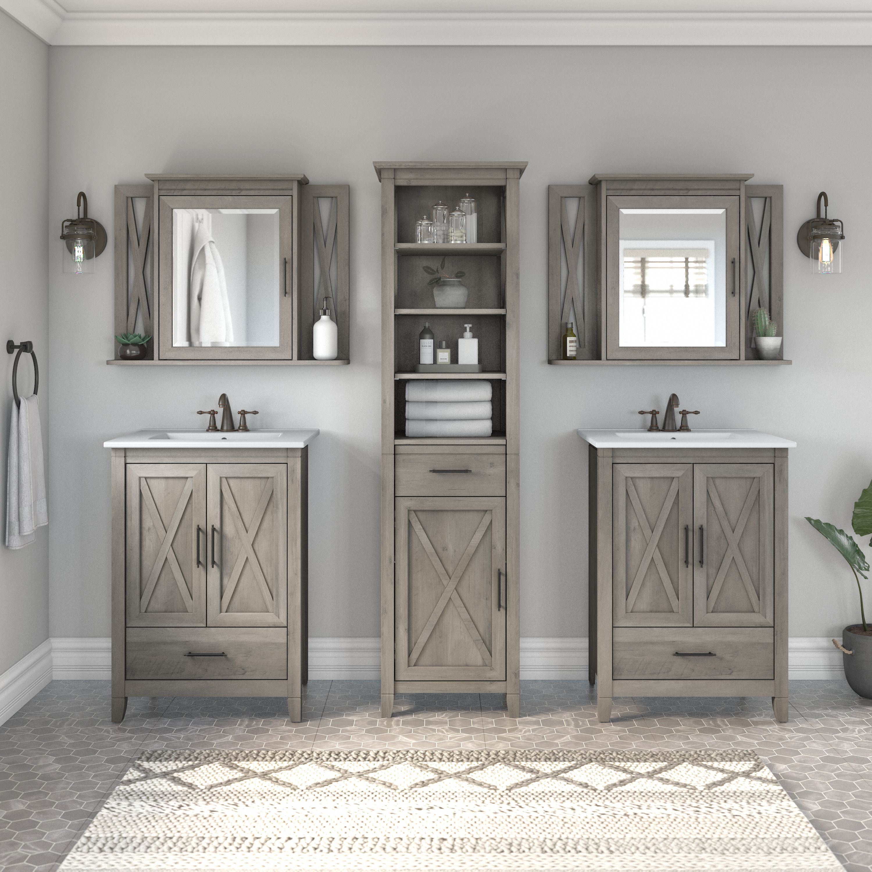 Shop Bush Furniture Key West 48W Double Vanity Set with Sinks, Medicine Cabinets and Linen Tower 01 KWS043DG #color_driftwood gray