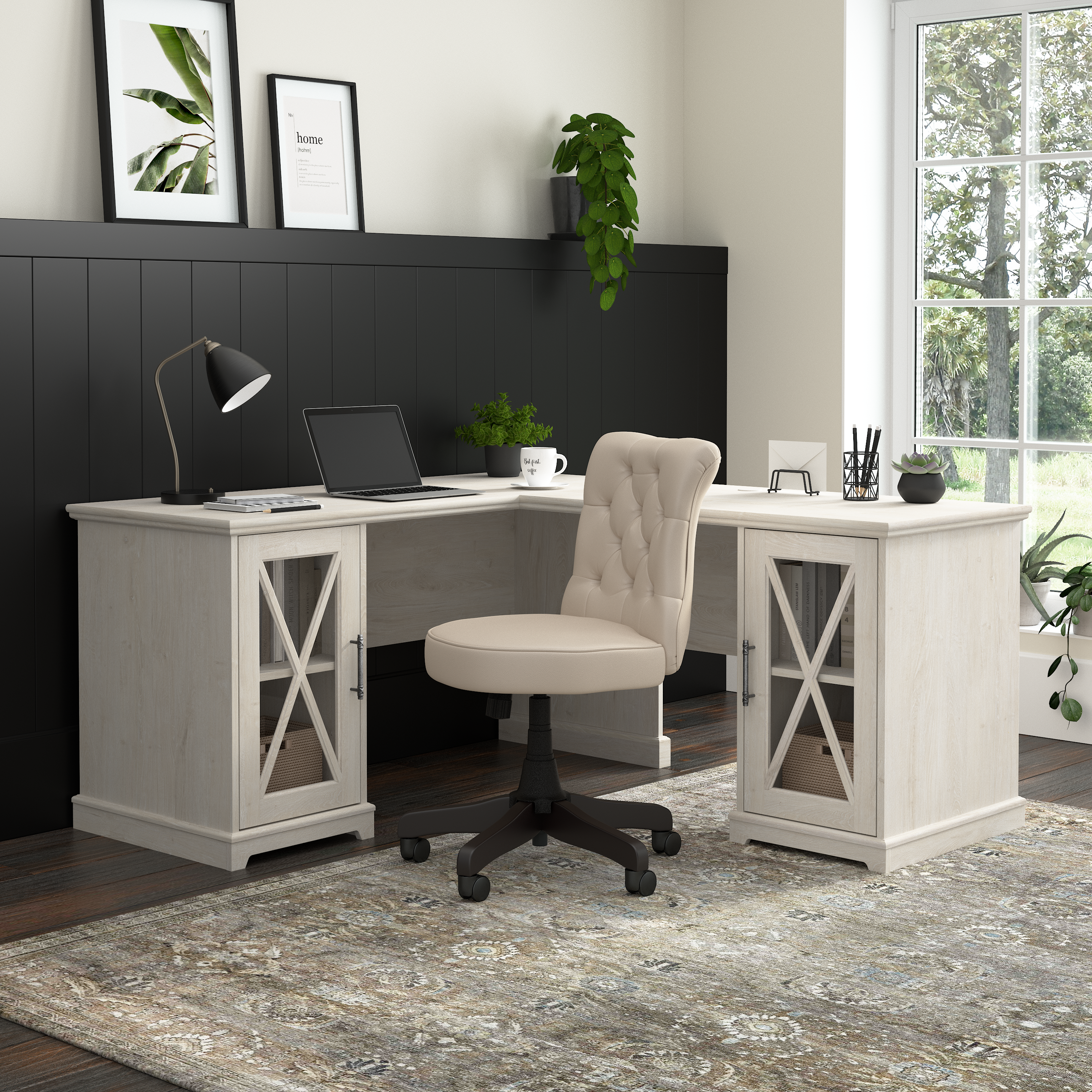 Shop Bush Furniture Lennox 60W Farmhouse L Shaped Desk with Storage Cabinets 01 LEN018LW #color_linen white oak