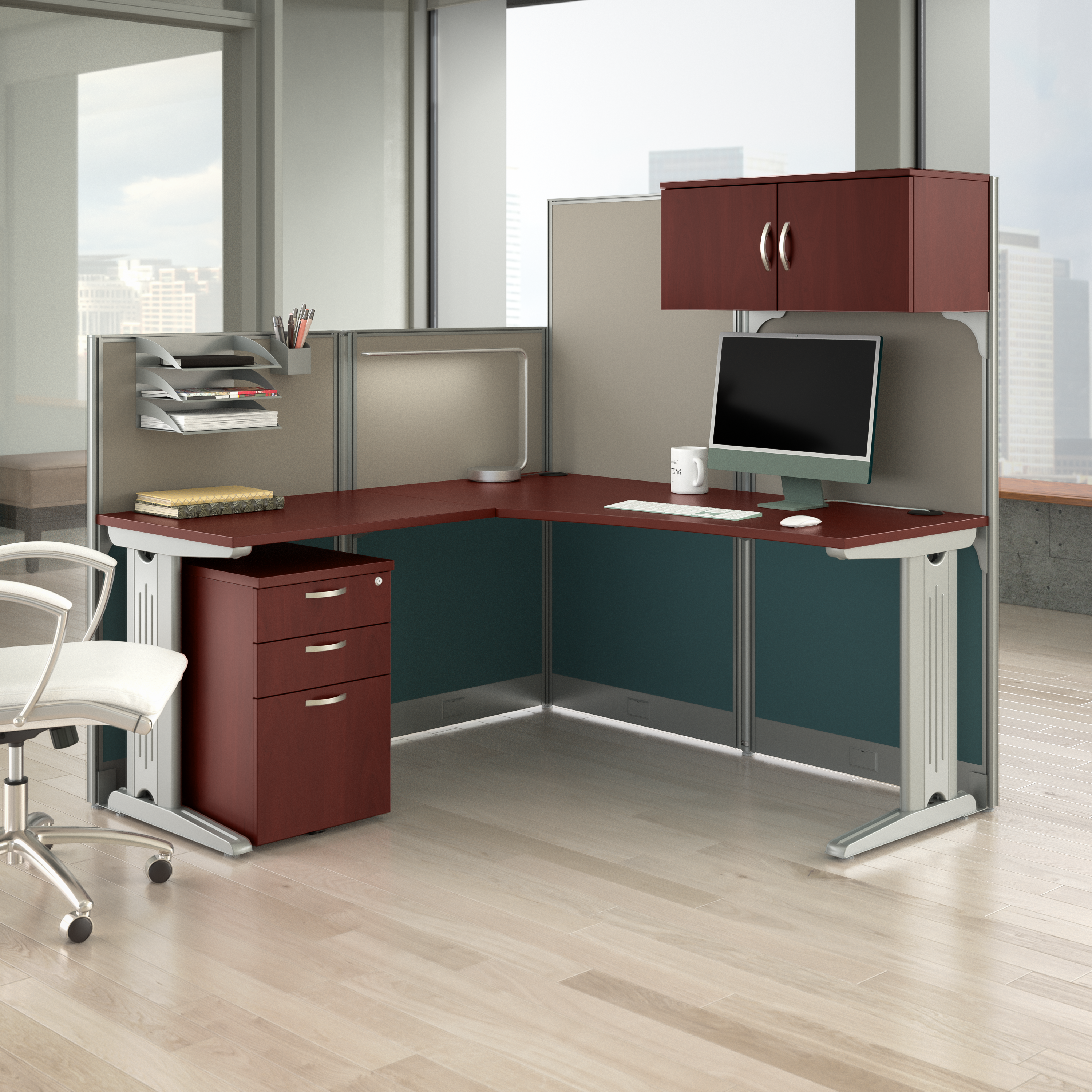 Shop Bush Business Furniture Office in an Hour 65W L Shaped Cubicle Desk with Storage, Drawers, and Organizers 01 WC36494-03STGK #color_hansen cherry
