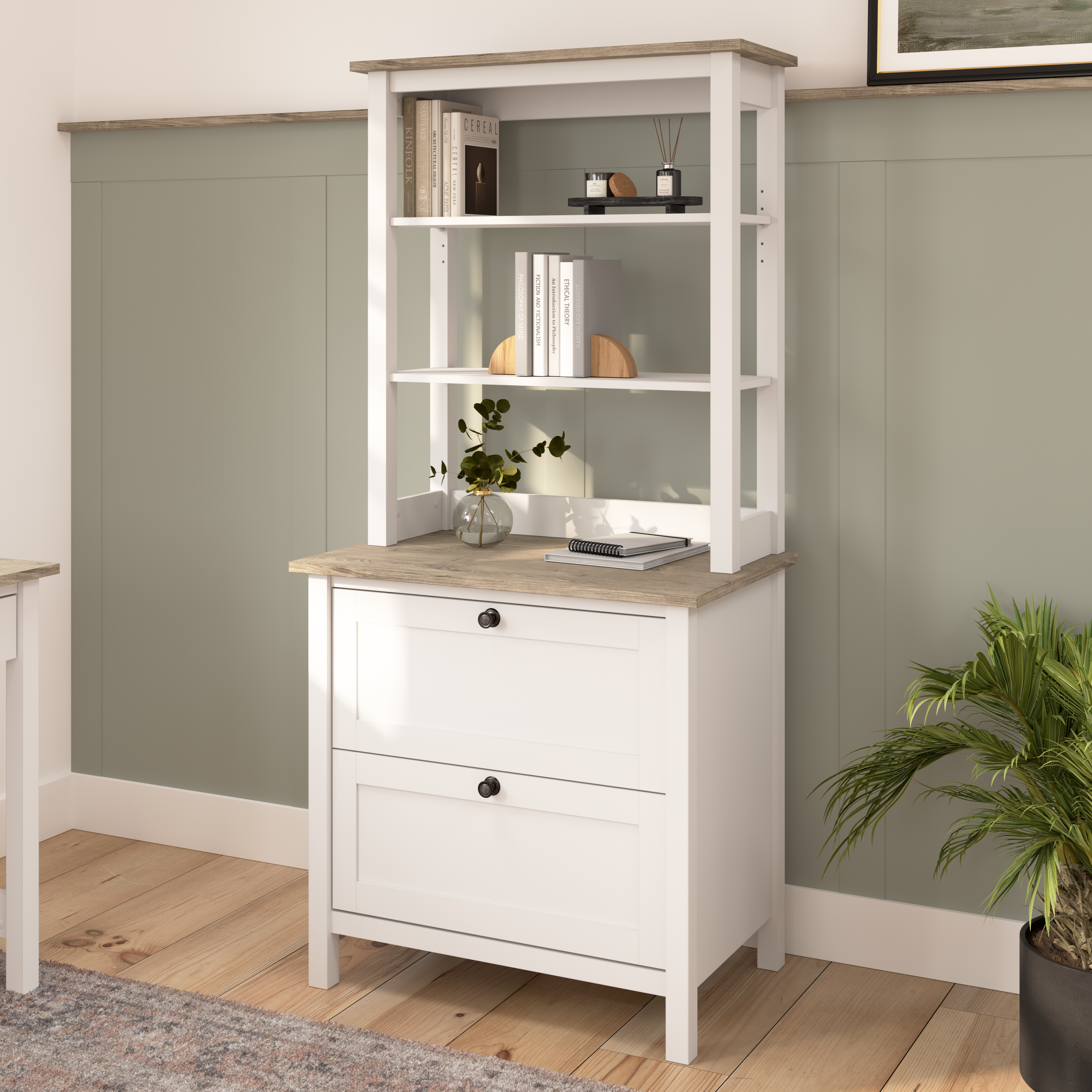 Shop Bush Furniture Mayfield Bookcase with Drawers 01 MAY018GW2 #color_shiplap gray/pure white