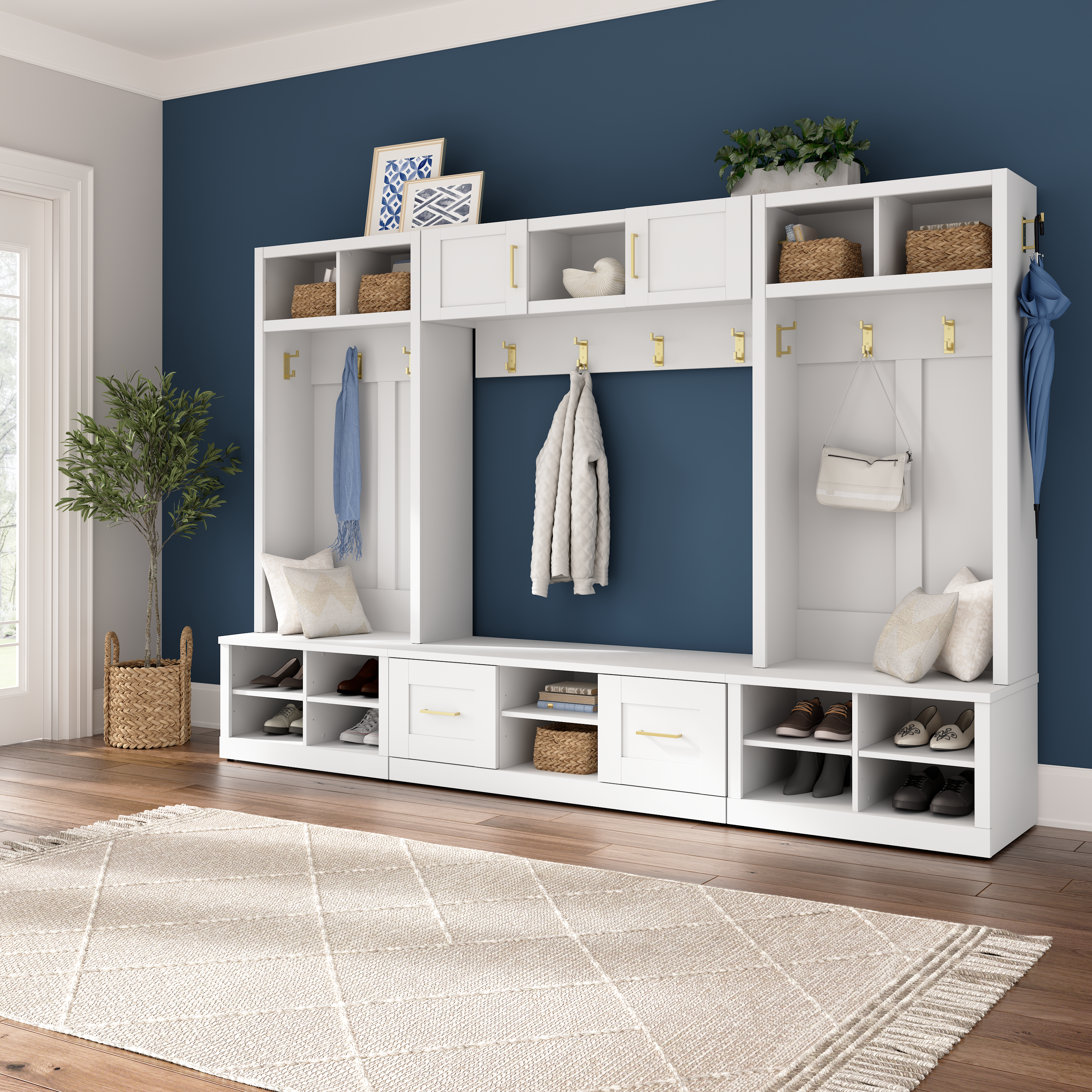 Shop Bush Furniture Hampton Heights Entryway Storage Set with 30W Hall Tree and Shoe Bench 08 HHS002WH #color_white
