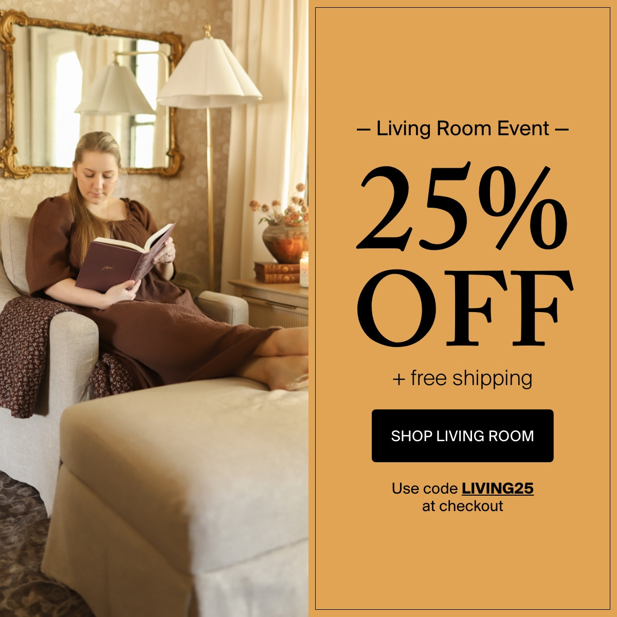 Woman reading a book in a living room with promotional text overlay.