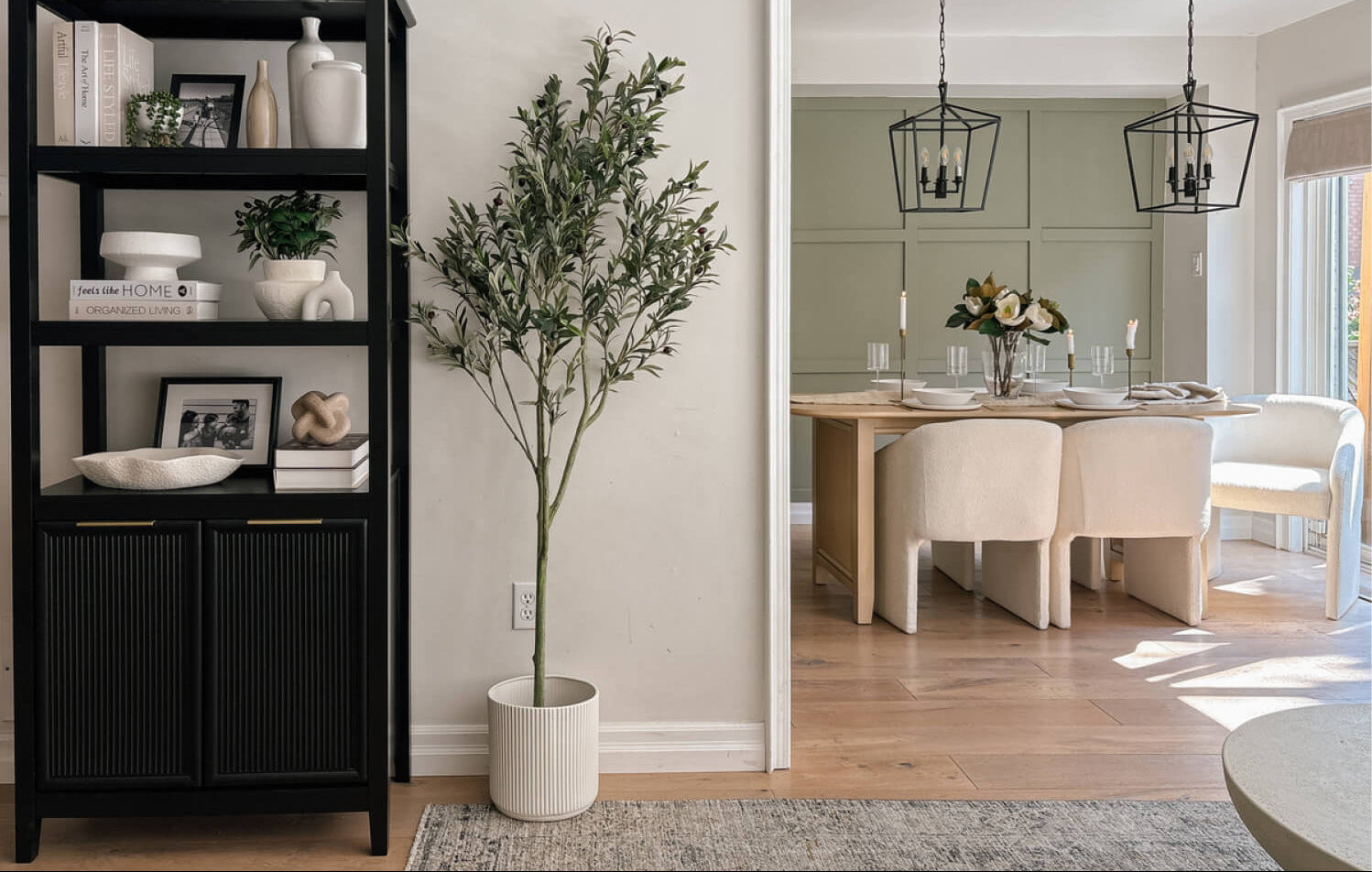 Dining room with black bookshelf, potted plant, and view into a well-lit dining area.