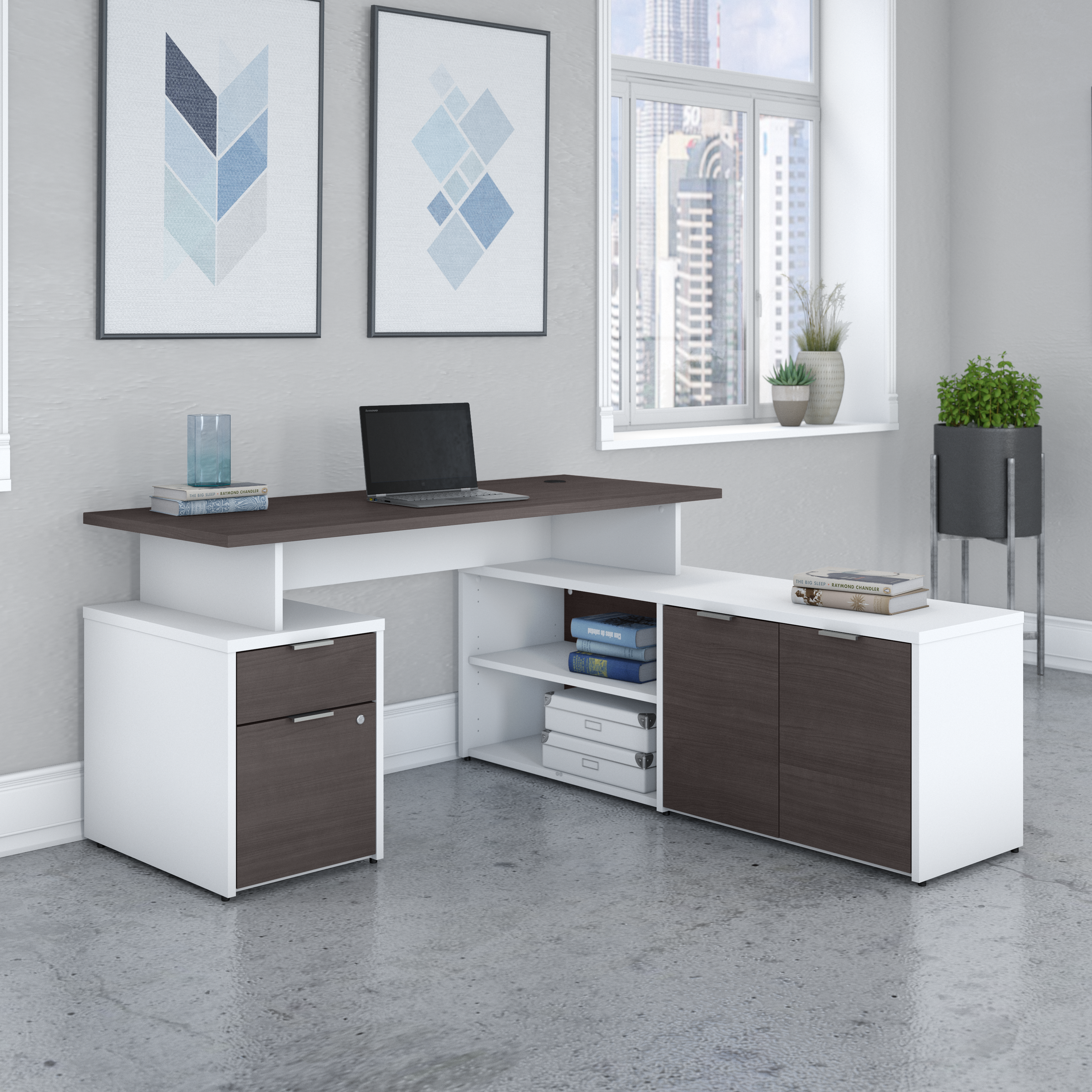 Shop Bush Business Furniture Jamestown 60W L Shaped Desk with Drawers 01 JTN021SGWHSU #color_storm gray/white