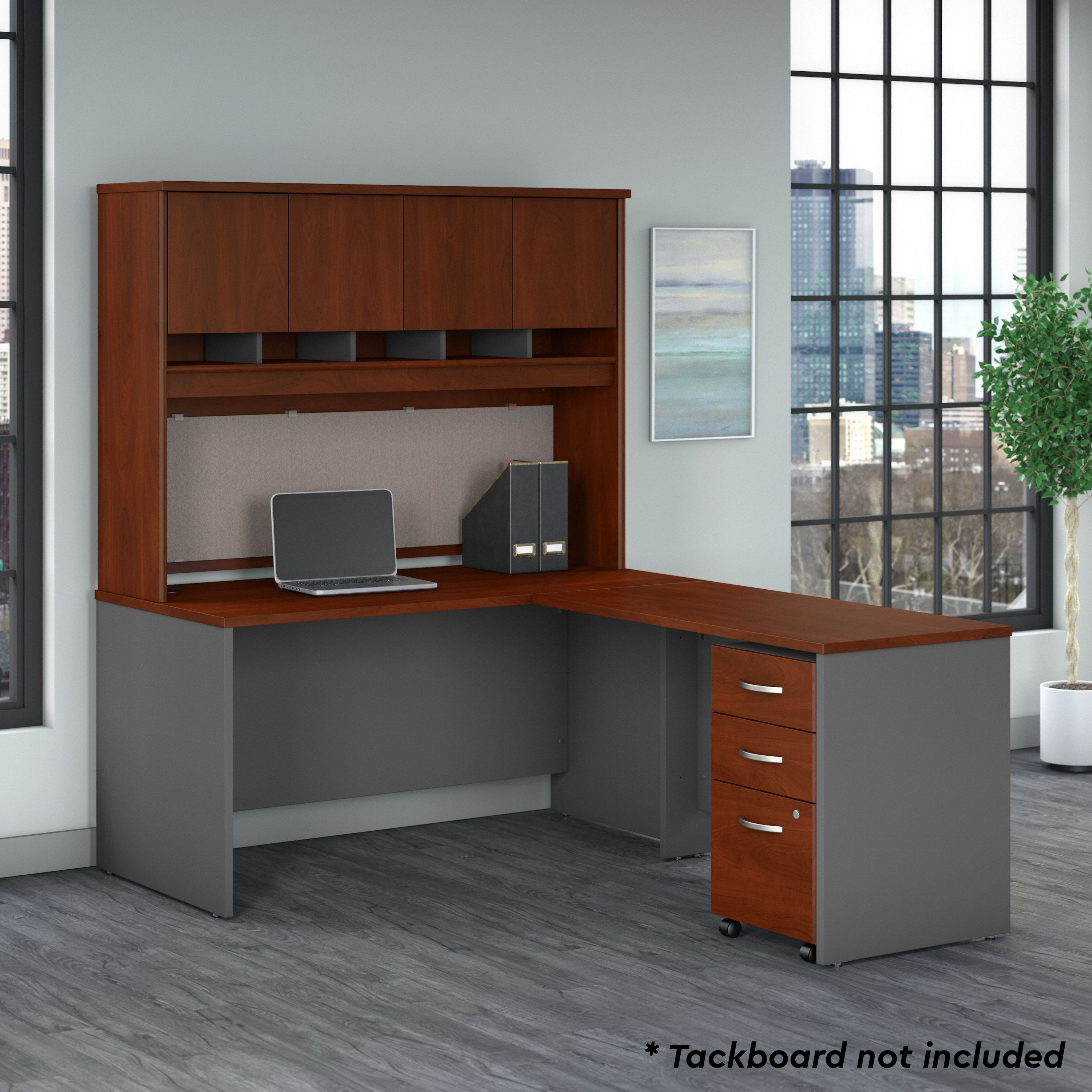 Shop Bush Business Furniture Series C 60W L Shaped Desk with Hutch and Mobile File Cabinet 01 SRC147HCSU #color_hansen cherry/graphite gray