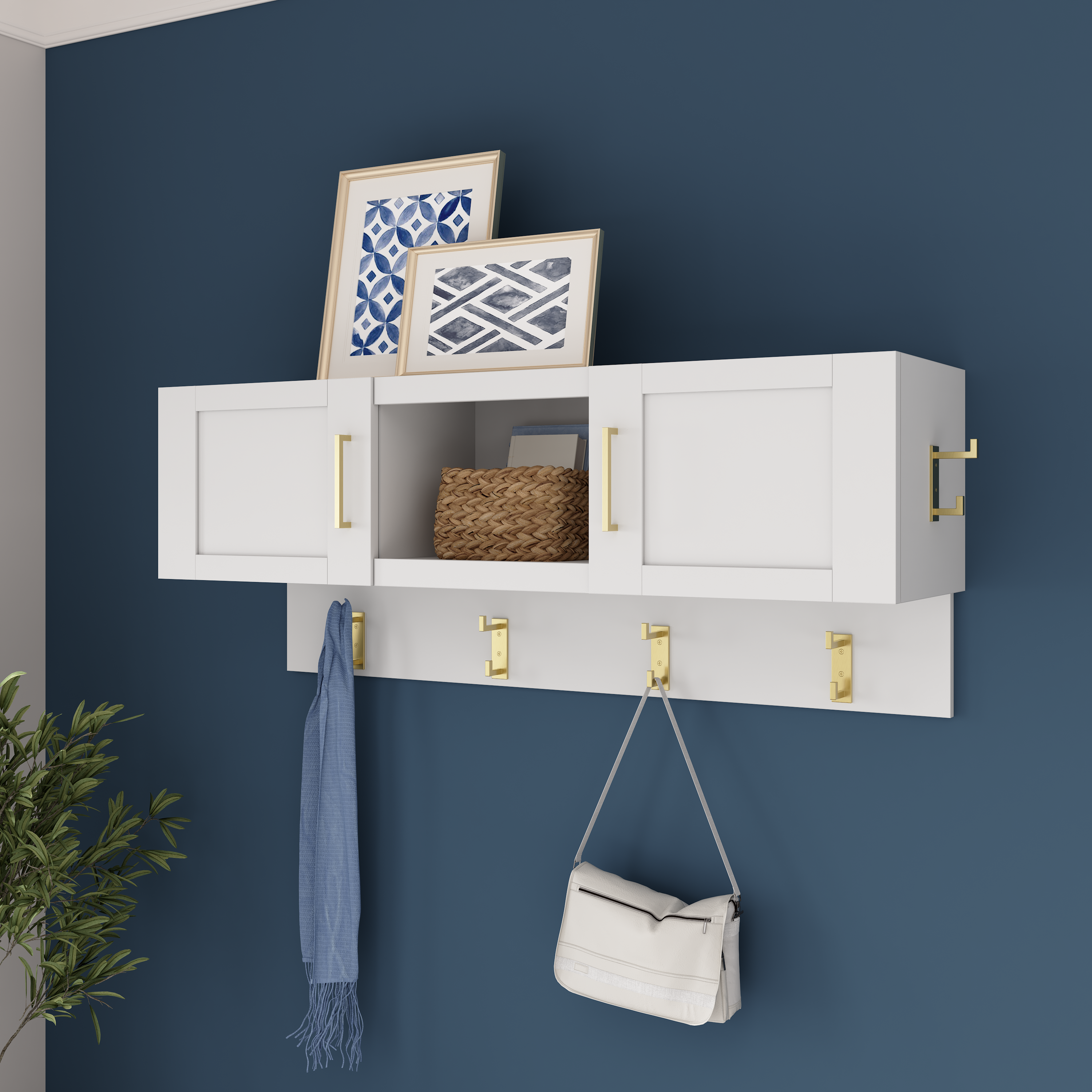 Shop Bush Furniture Hampton Heights 48W Wall Mounted Coat Rack with Doors 01 HHH348WH #color_white