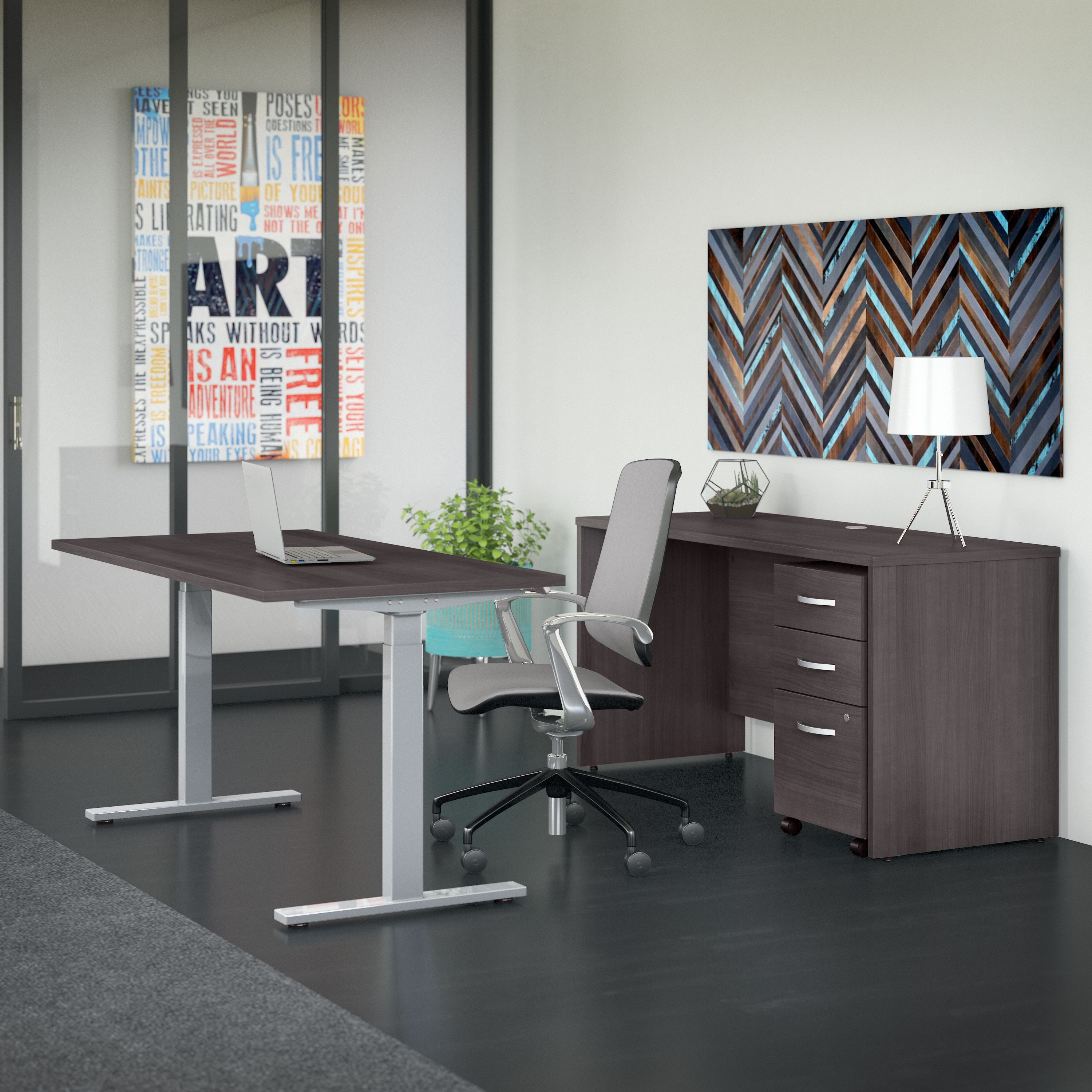 Shop Bush Business Furniture Studio C 60W x 30D Height Adjustable Standing Desk, Credenza and Mobile File Cabinet 01 STC017SGSU #color_storm gray