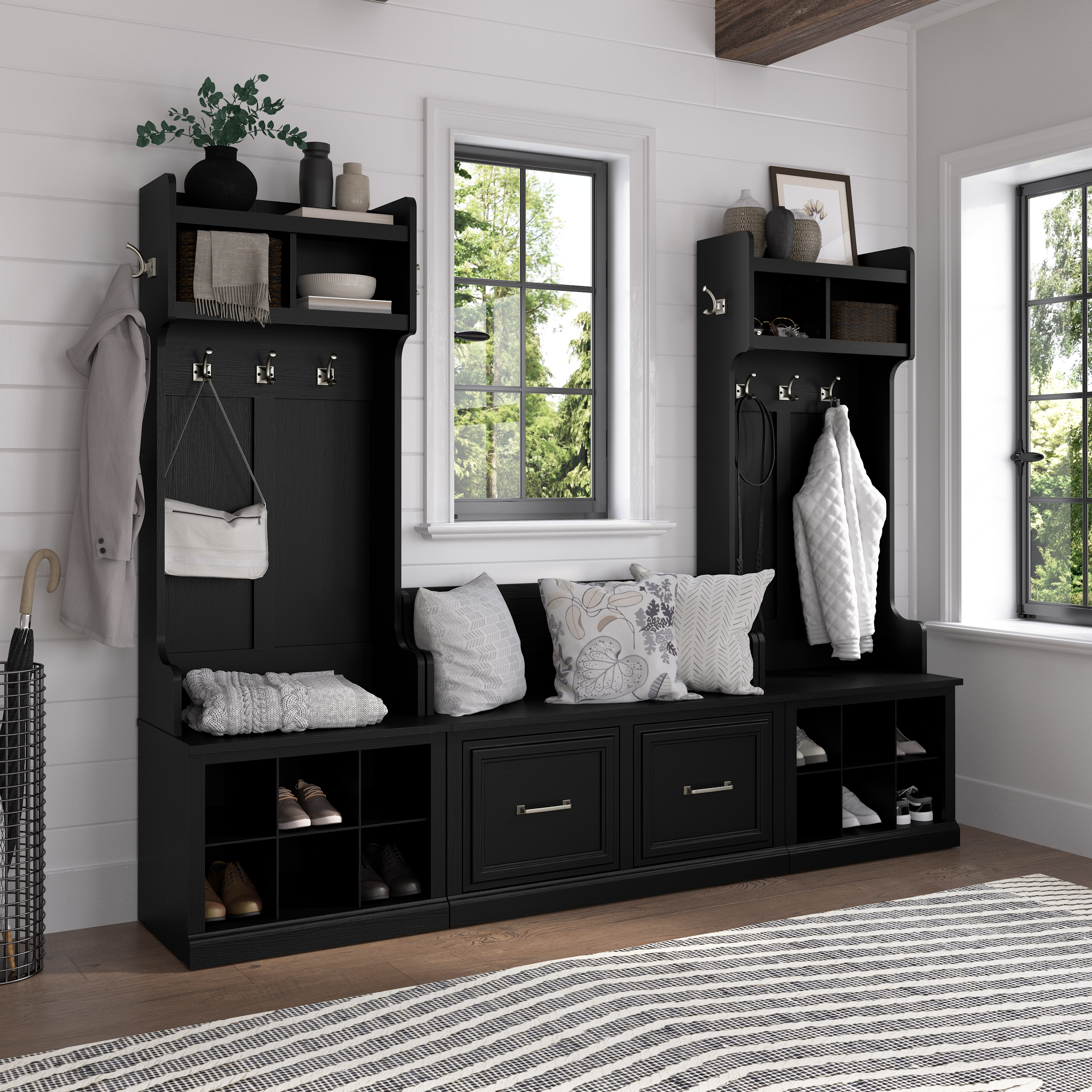 Shop Bush Furniture Woodland Entryway Storage Set with Hall Trees and Shoe Bench with Doors 01 WDL011BS #color_black suede oak