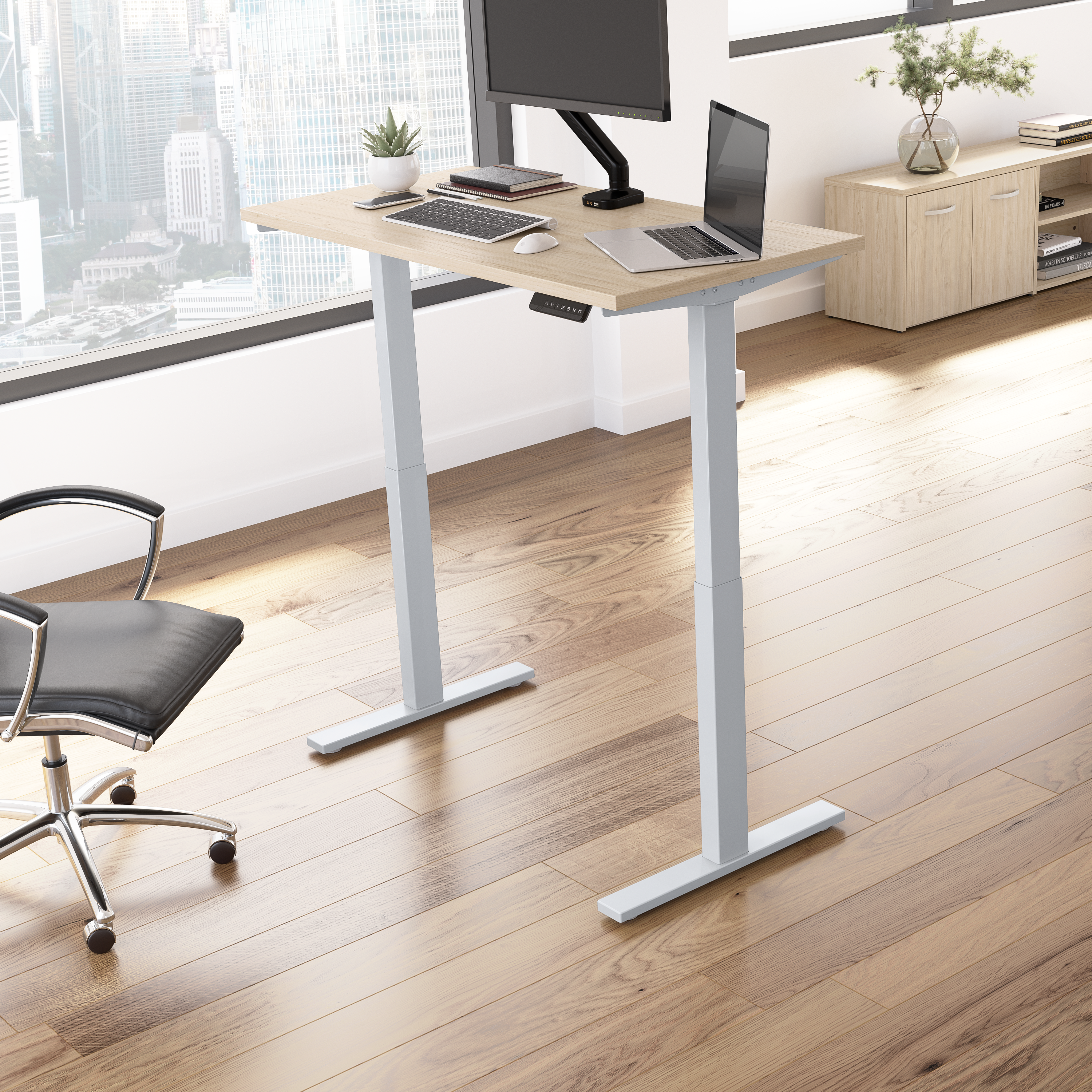 Shop Move 60 Series by Bush Business Furniture 48W x 24D Electric Height Adjustable Standing Desk 01 M6S4824NESK #color_natural elm/cool gray metallic