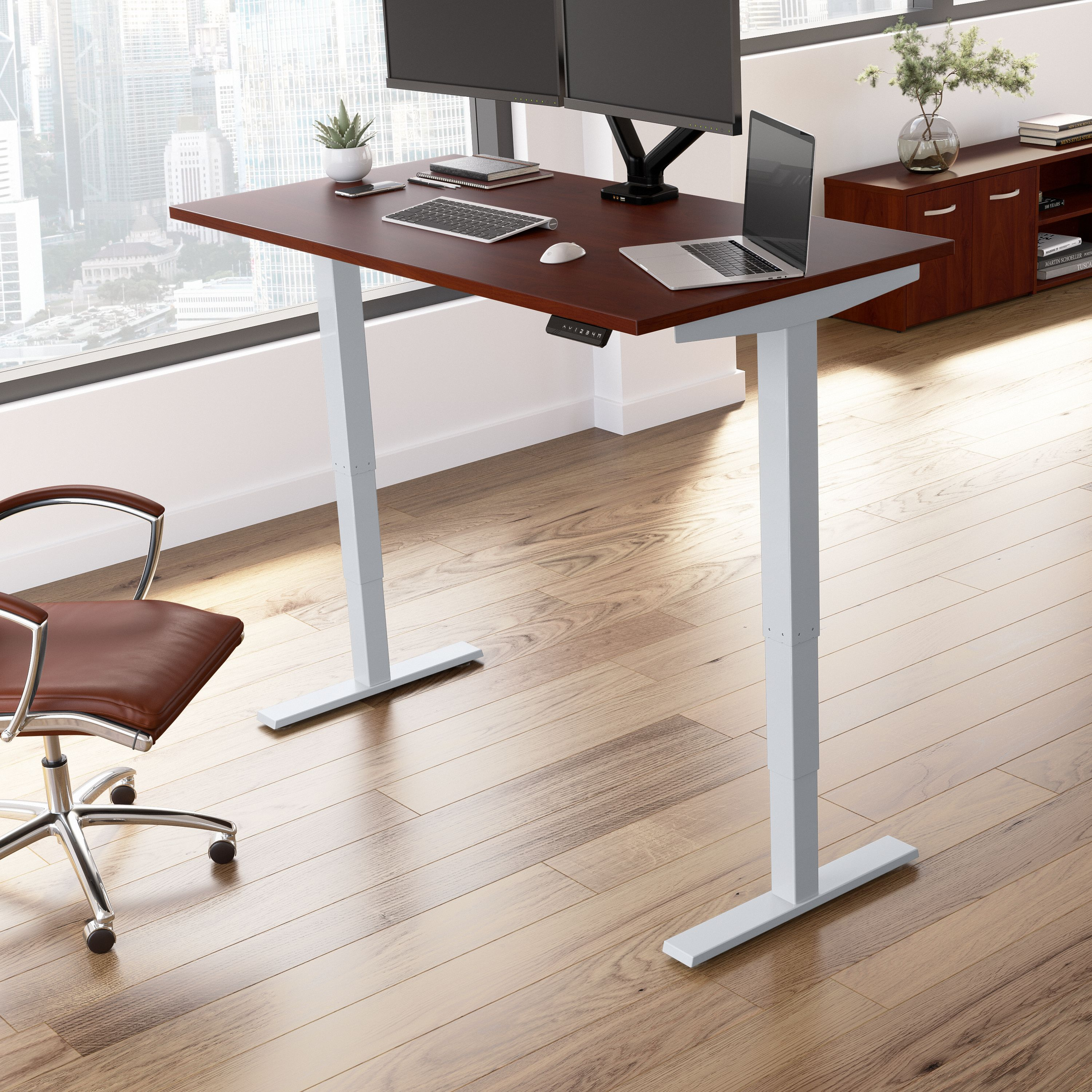 Shop Move 40 Series by Bush Business Furniture 60W x 30D Electric Height Adjustable Standing Desk 01 M4S6030HCSK #color_hansen cherry/cool gray metallic