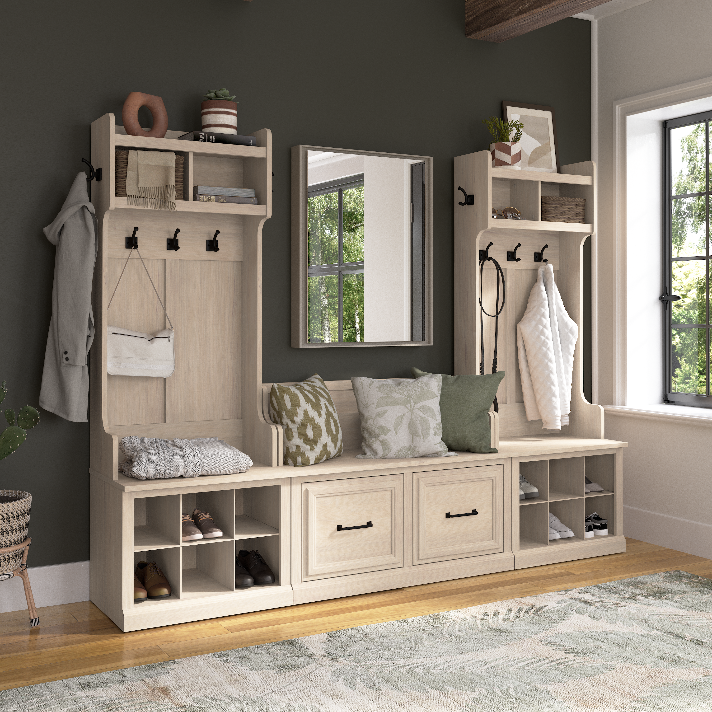 Shop Bush Furniture Woodland Entryway Storage Set with Hall Trees and Shoe Bench with Doors 01 WDL011WM #color_white washed maple
