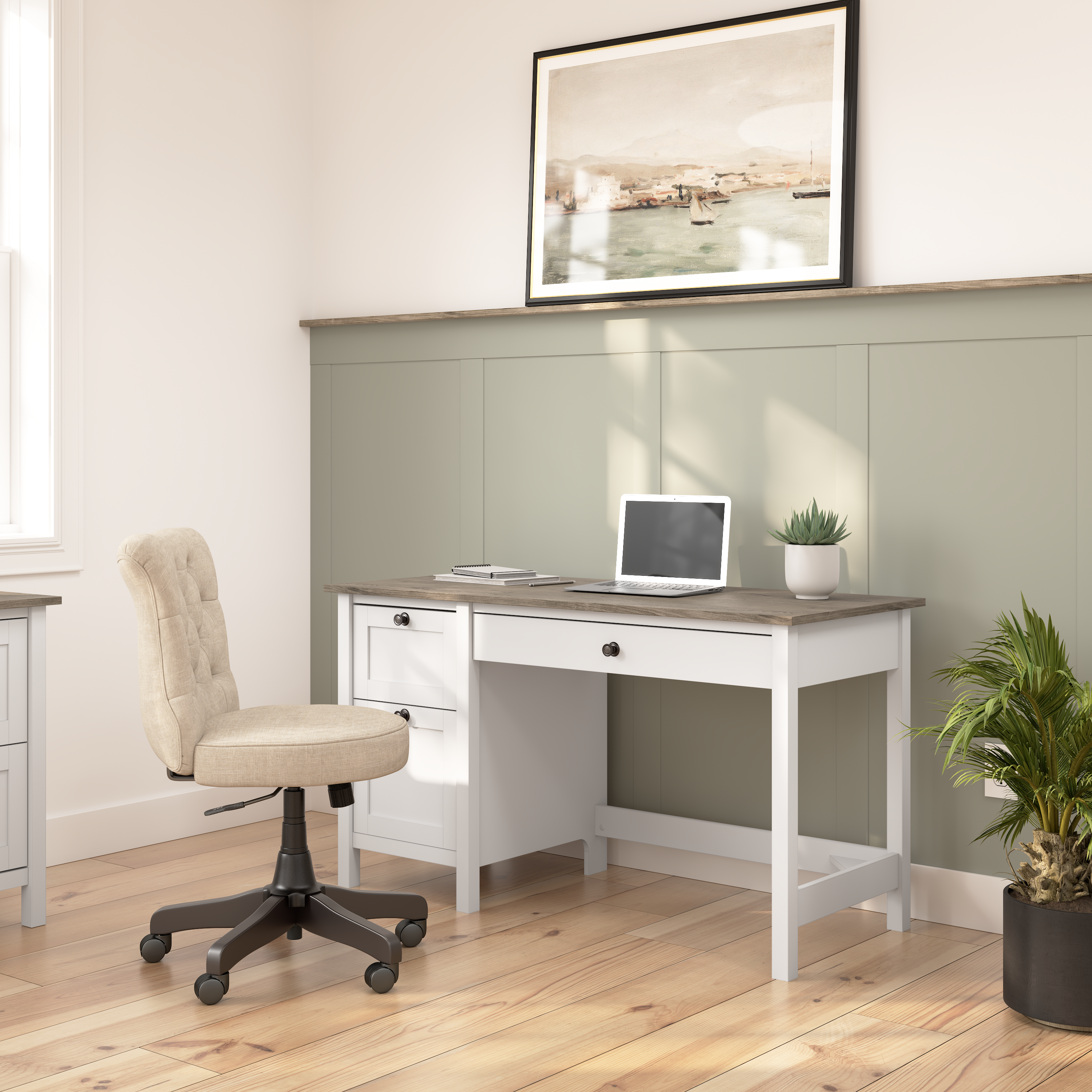 Shop Bush Furniture Mayfield 54W Computer Desk with Drawers 01 MAD254GW2-03 #color_shiplap gray/pure white