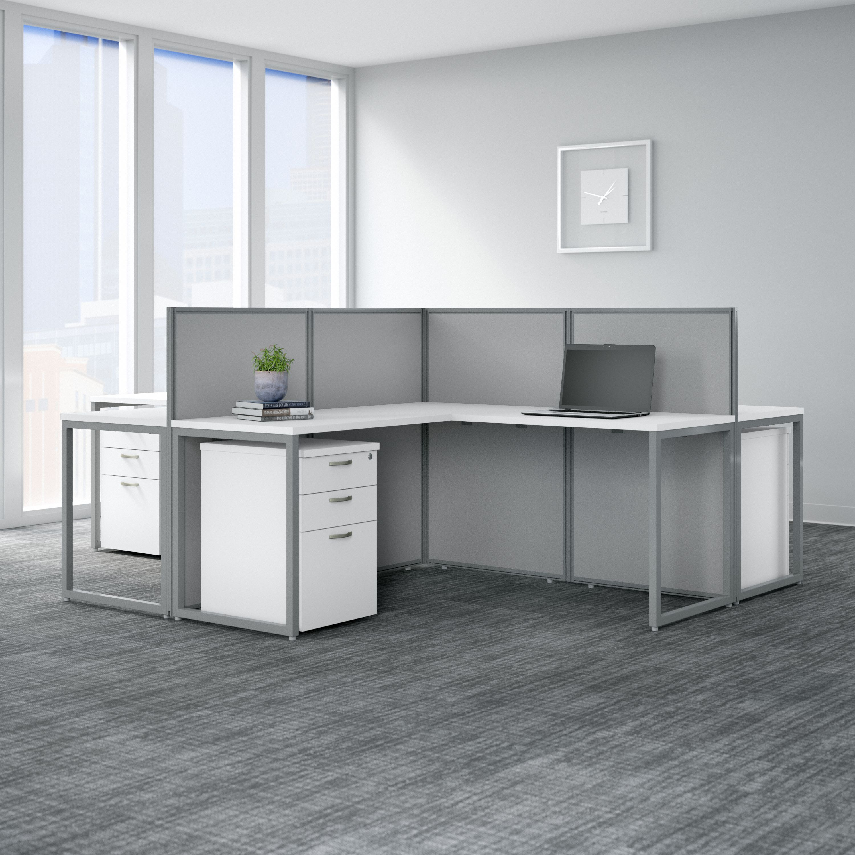 Shop Bush Business Furniture Easy Office 60W 4 Person L Shaped Cubicle Desk with Drawers and 45H Panels 01 EOD760SWH-03K #color_pure white/silver gray fabric