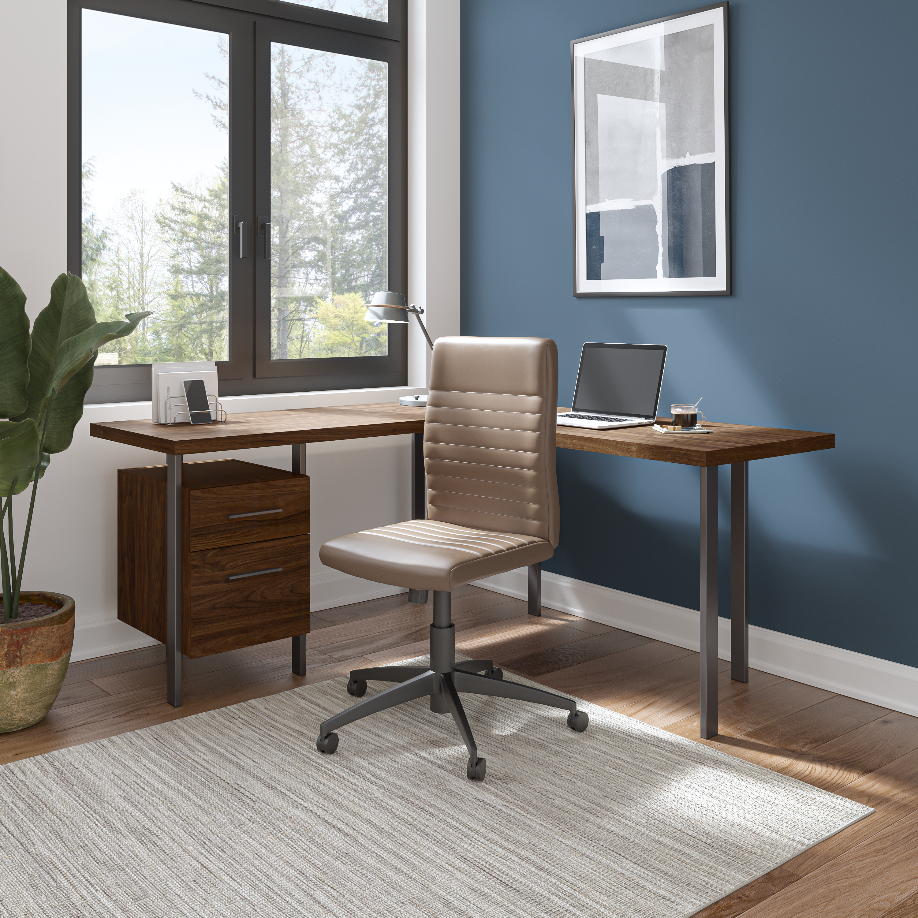 Shop Bush Furniture Architect 60W L Shaped Desk with Drawers 01 ACD260MW-03K #color_modern walnut