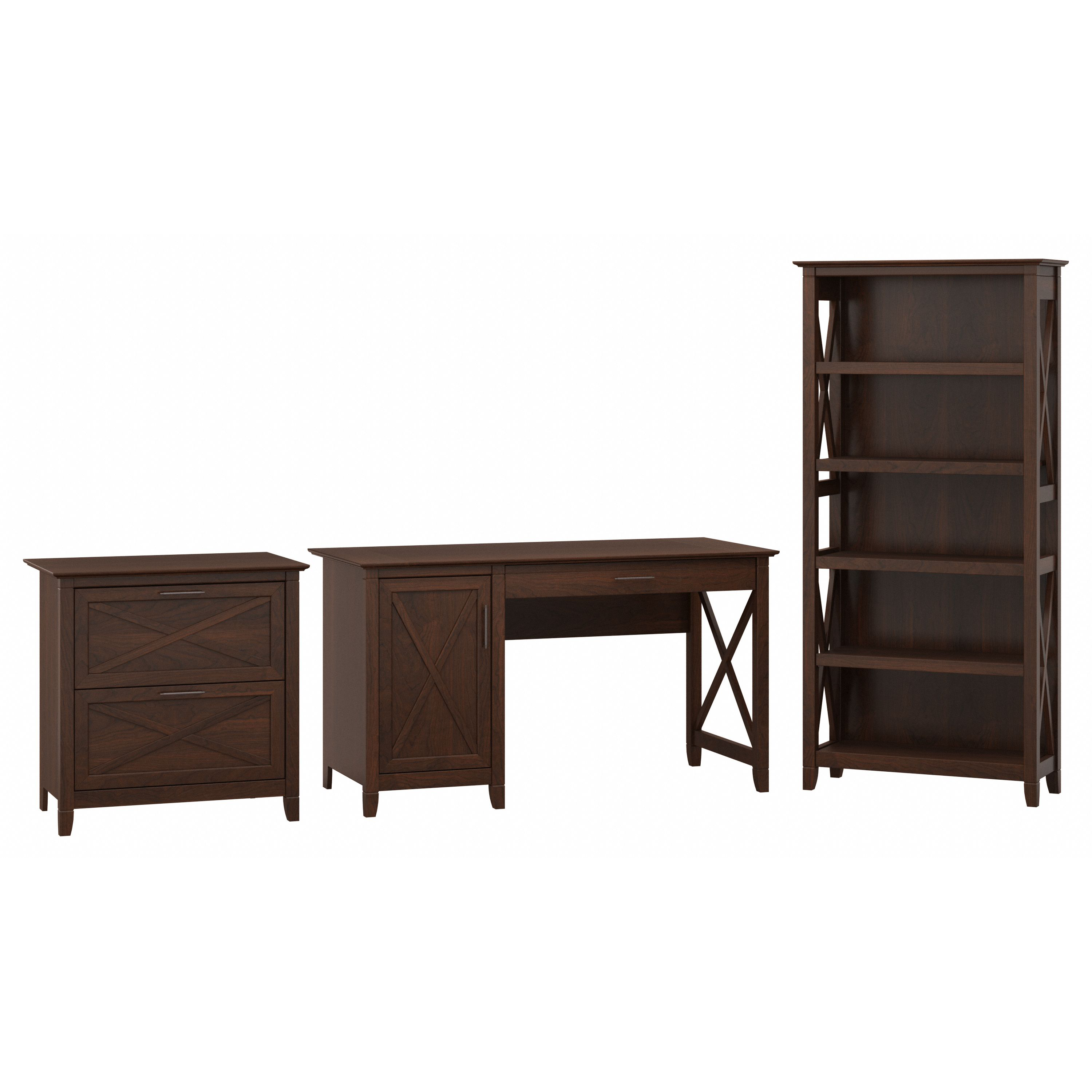 Shop Bush Furniture Key West 54W Computer Desk with 2 Drawer Lateral File Cabinet and 5 Shelf Bookcase 02 KWS009BC #color_bing cherry