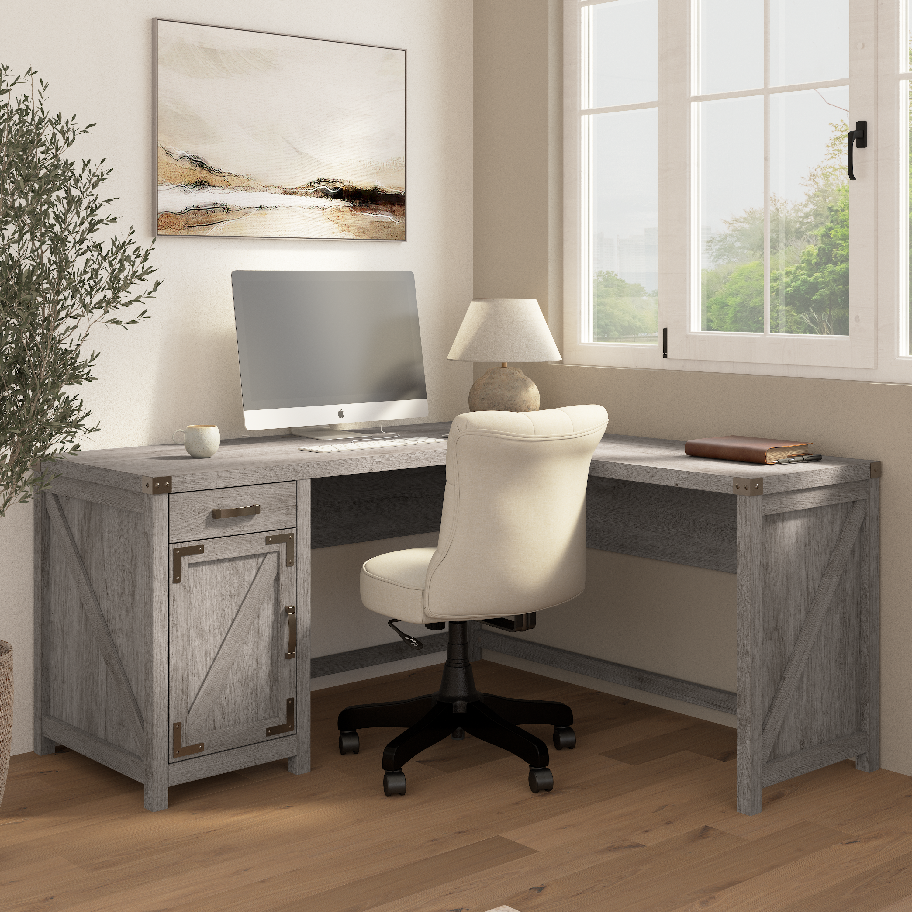 Shop Bush Furniture Knoxville 60W L Shaped Desk with Drawer and Storage Cabinet 01 CGD160RTG-03 #color_restored gray