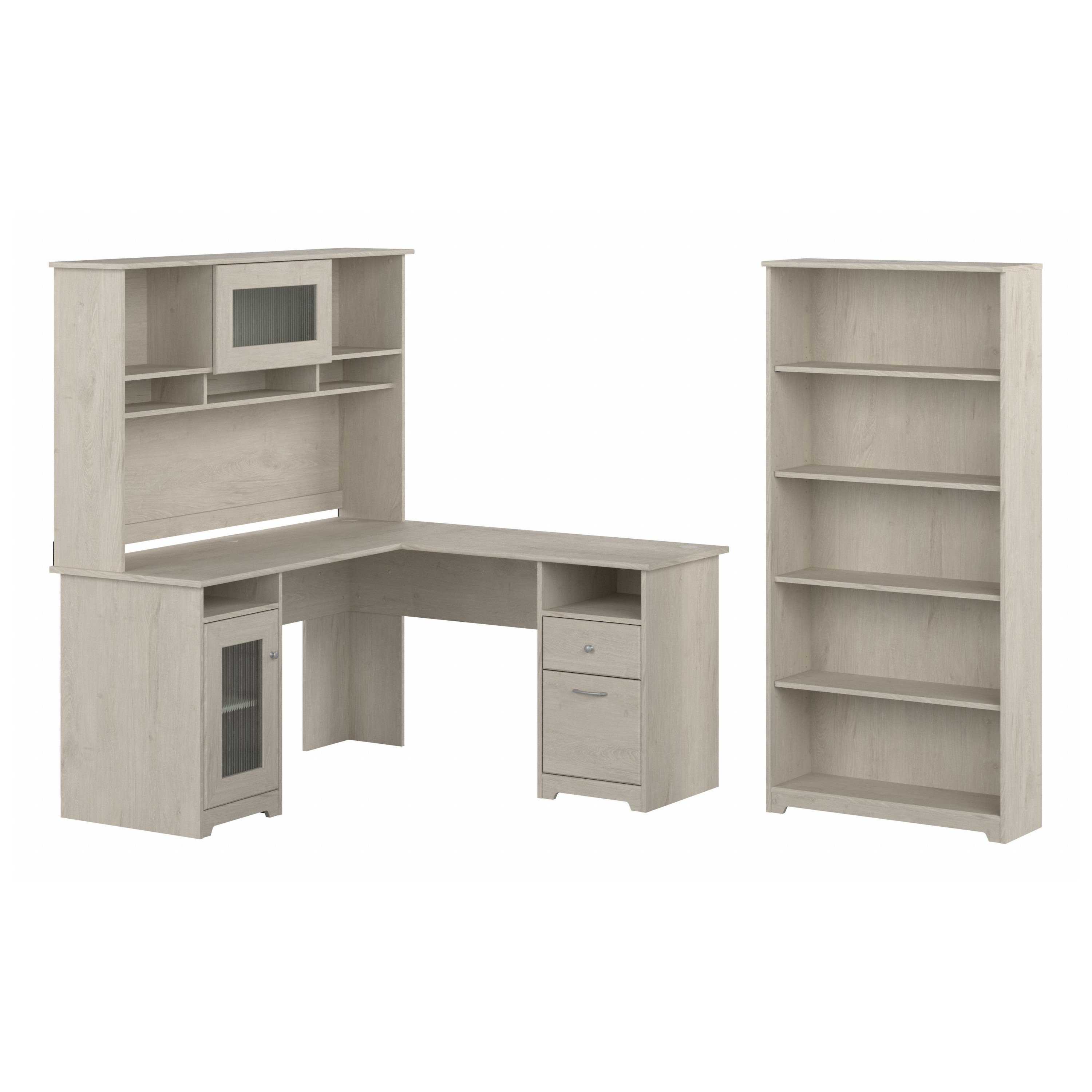 Shop Bush Furniture Cabot 60W L Shaped Computer Desk with Hutch and 5 Shelf Bookcase 02 CAB011LW #color_linen white oak