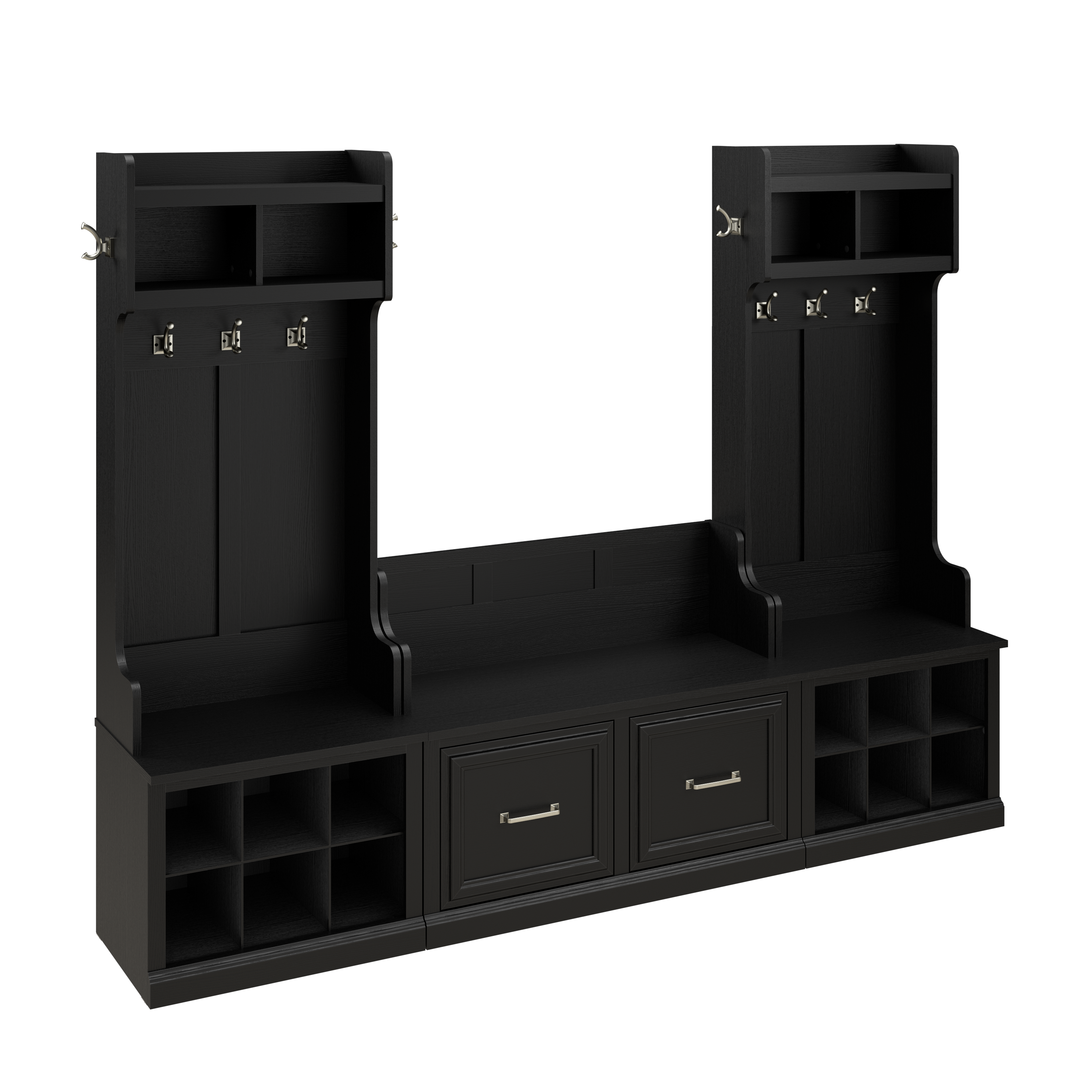 Shop Bush Furniture Woodland Entryway Storage Set with Hall Trees and Shoe Bench with Doors 02 WDL011BS #color_black suede oak