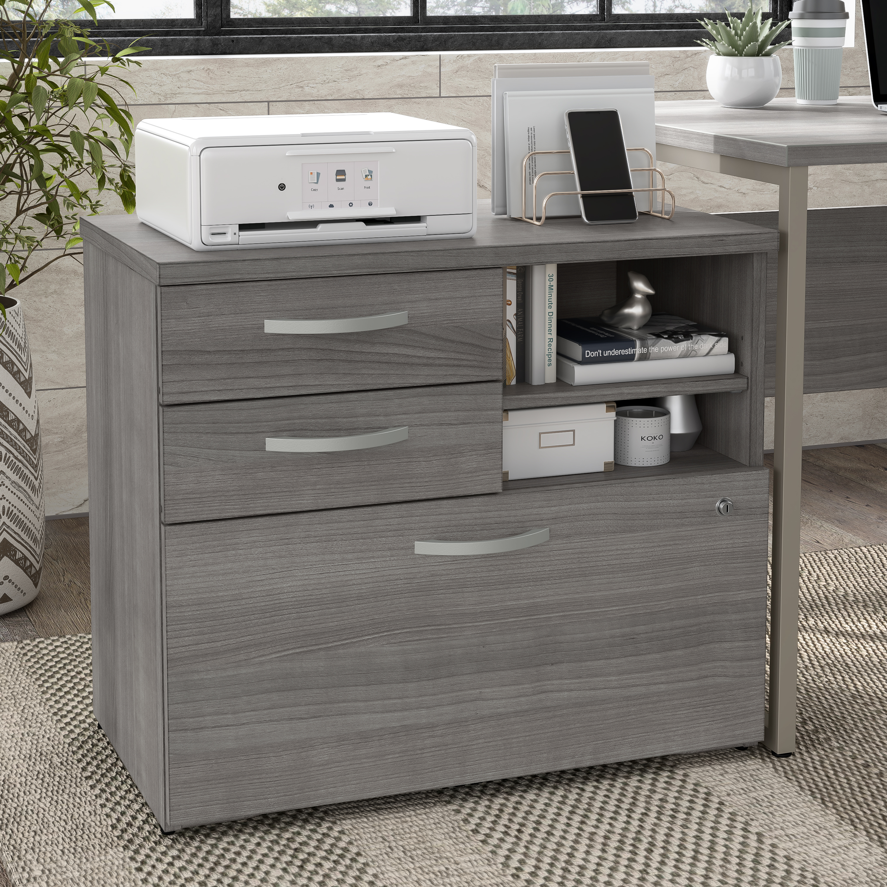 Shop Bush Business Furniture Hybrid Office Storage Cabinet with Drawers and Shelves 01 HYF130PGSU-Z #color_platinum gray