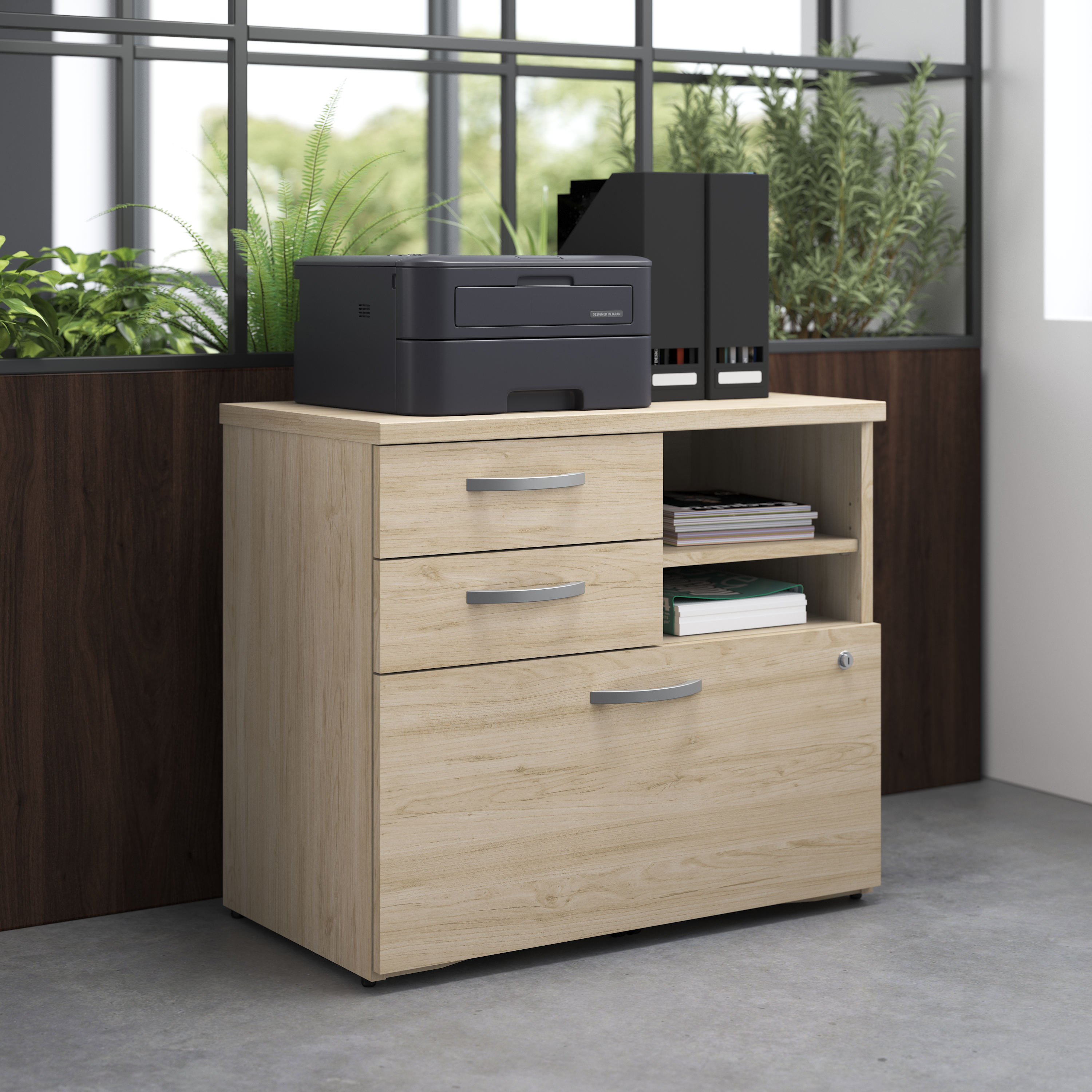 Shop Bush Business Furniture Studio C Office Storage Cabinet with Drawers and Shelves 01 SCF130NESU #color_natural elm