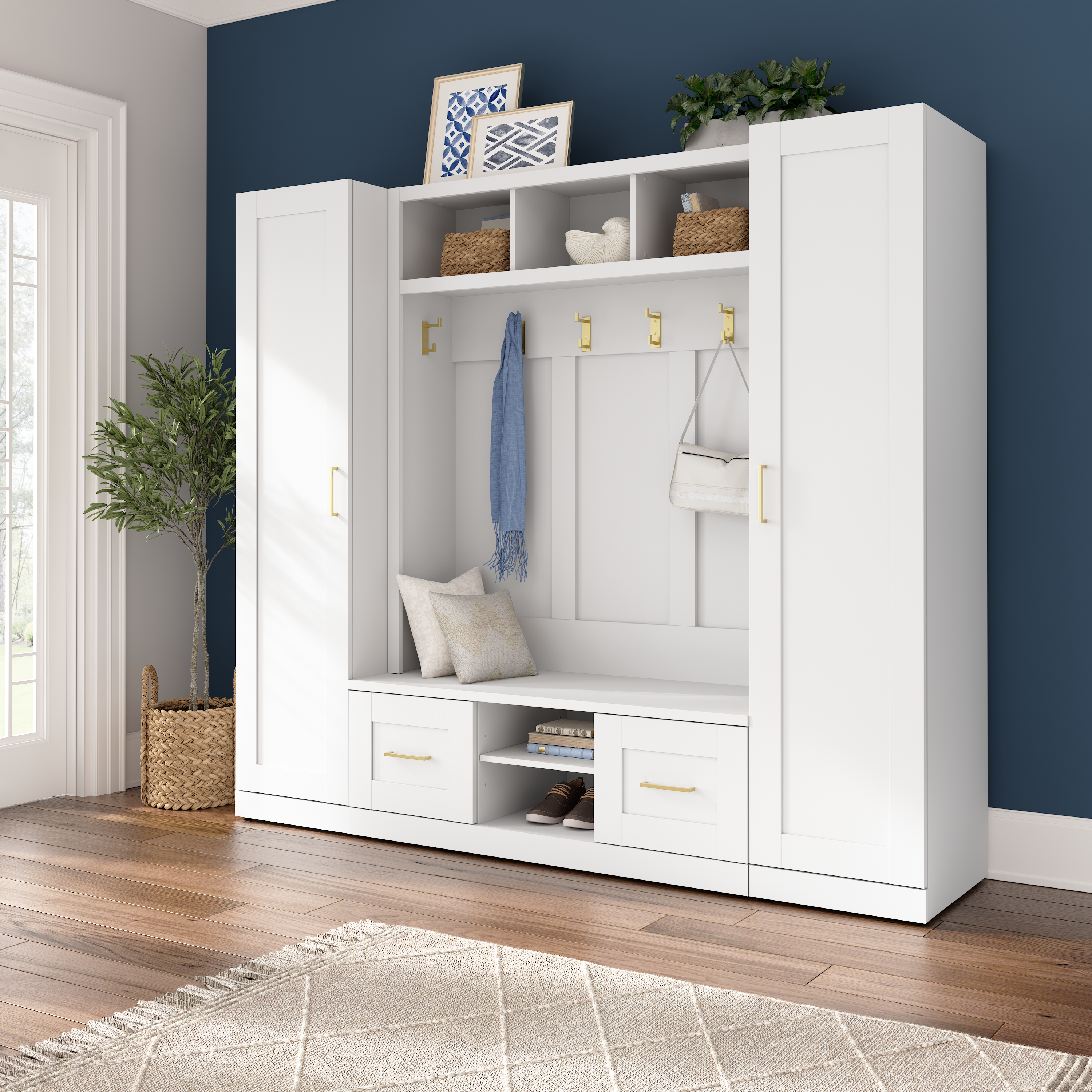 Shop Bush Furniture Hampton Heights Entryway Storage Set with 48W Hall Tree and Shoe Bench with Doors 08 HHS004WH #color_white