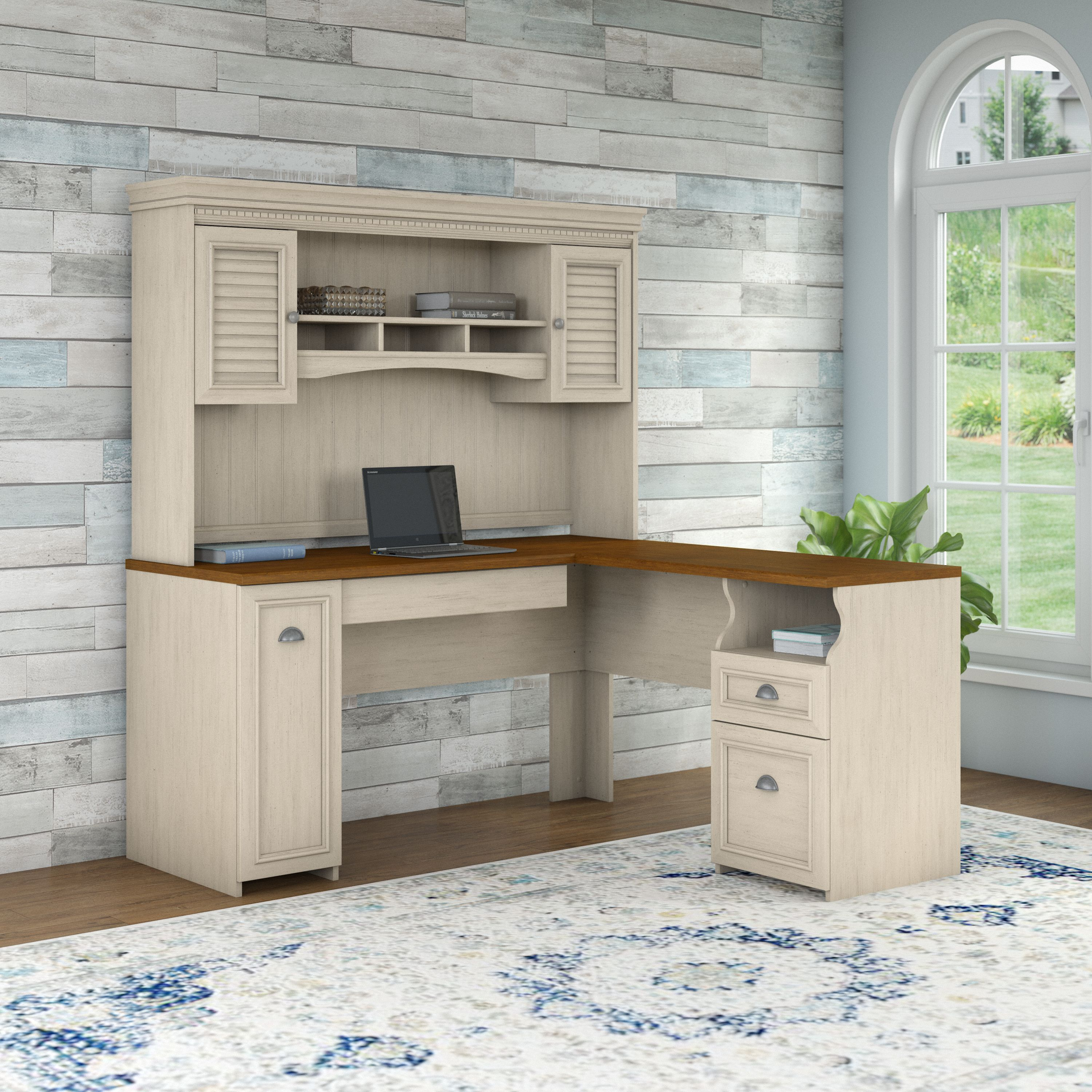 Shop Bush Furniture Fairview L Shaped Desk with Hutch 01 FVW002 #color_antique white/tea maple