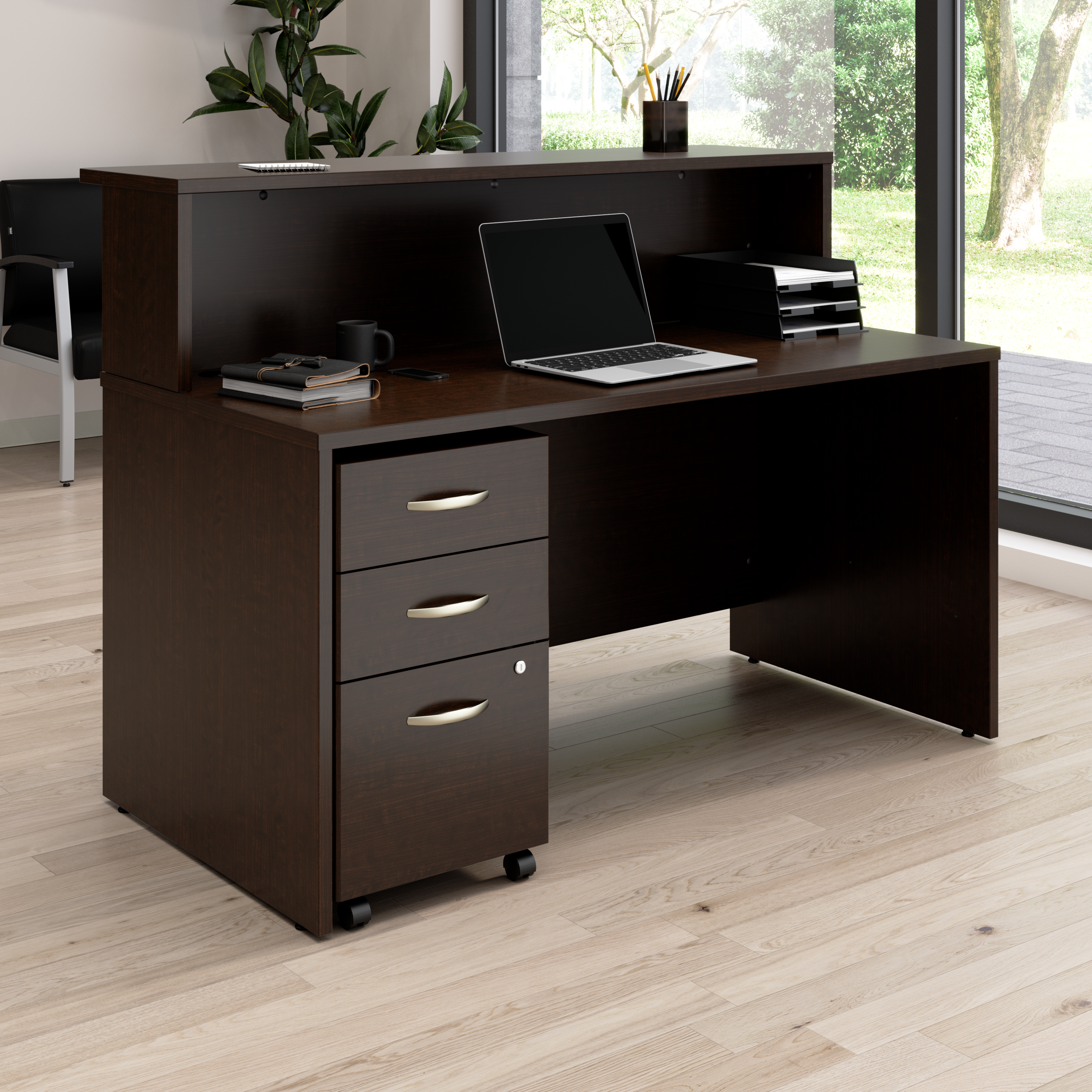 Shop Bush Business Furniture Arrive 60W x 30D Reception Desk with Shelf and Mobile File Cabinet 01 ARV002MR #color_mocha cherry