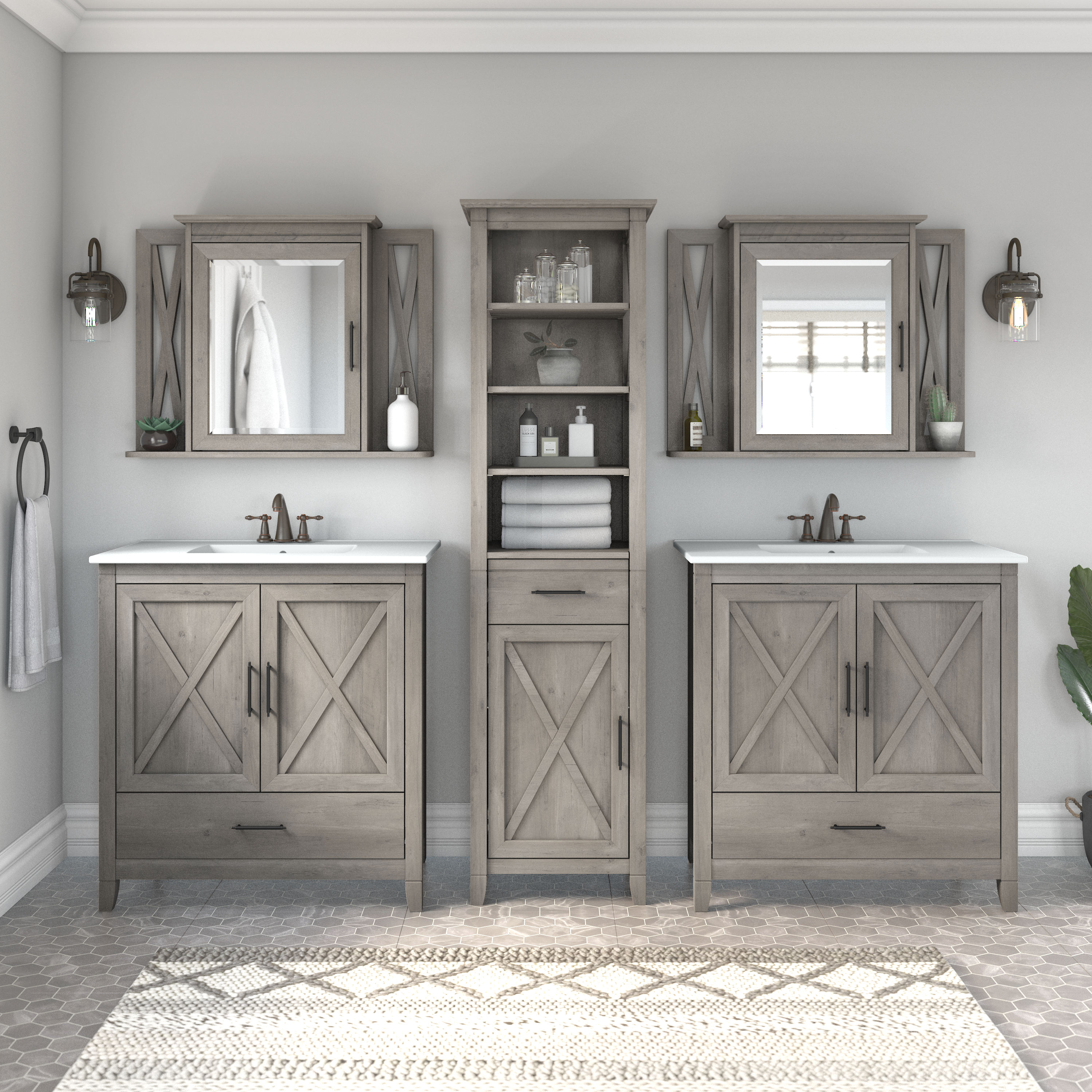 Shop Bush Furniture Key West 64W Double Vanity Set with Sinks, Medicine Cabinets and Linen Tower 01 KWS044DG #color_driftwood gray