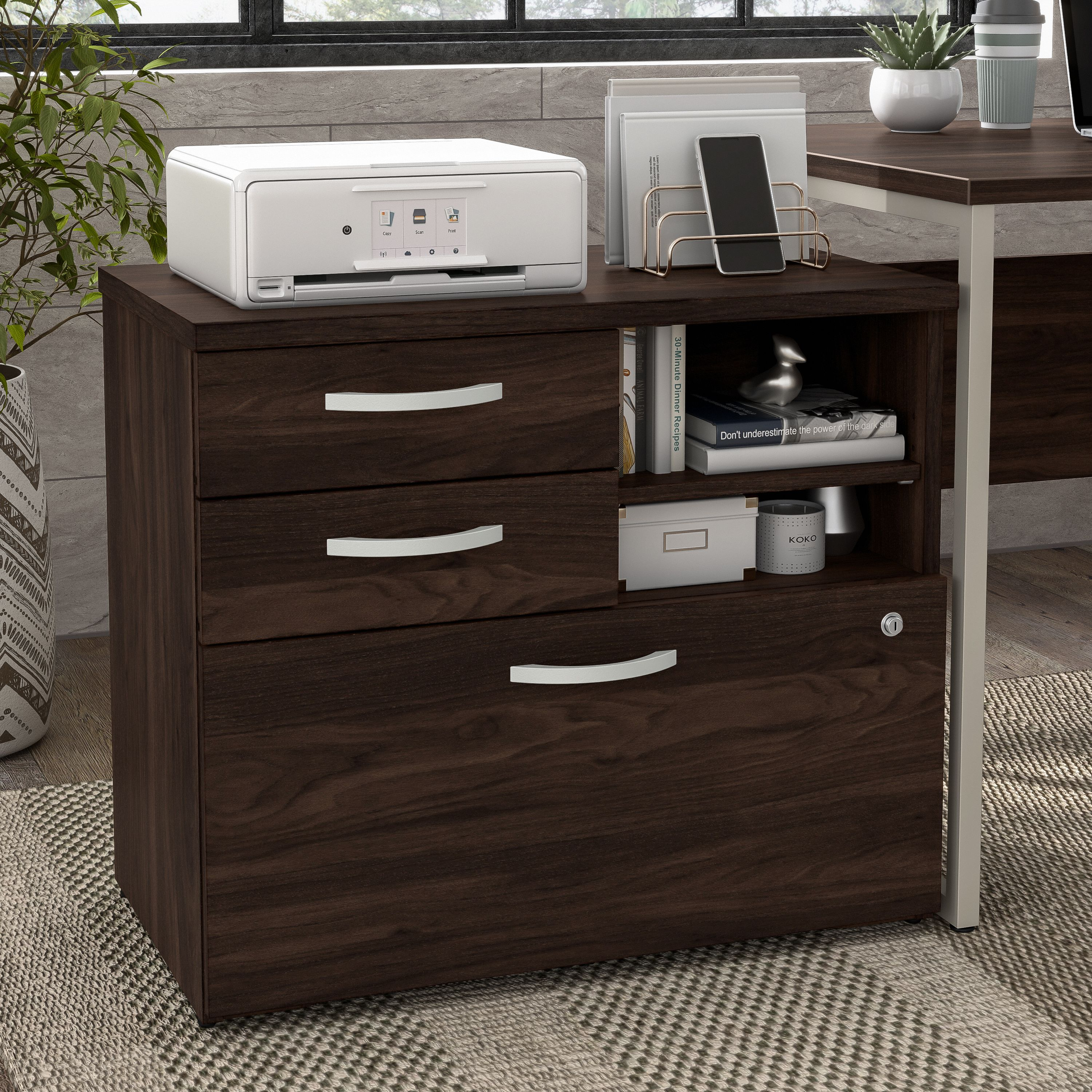 Shop Bush Business Furniture Hybrid Office Storage Cabinet with Drawers and Shelves 01 HYF130BWSU-Z #color_black walnut
