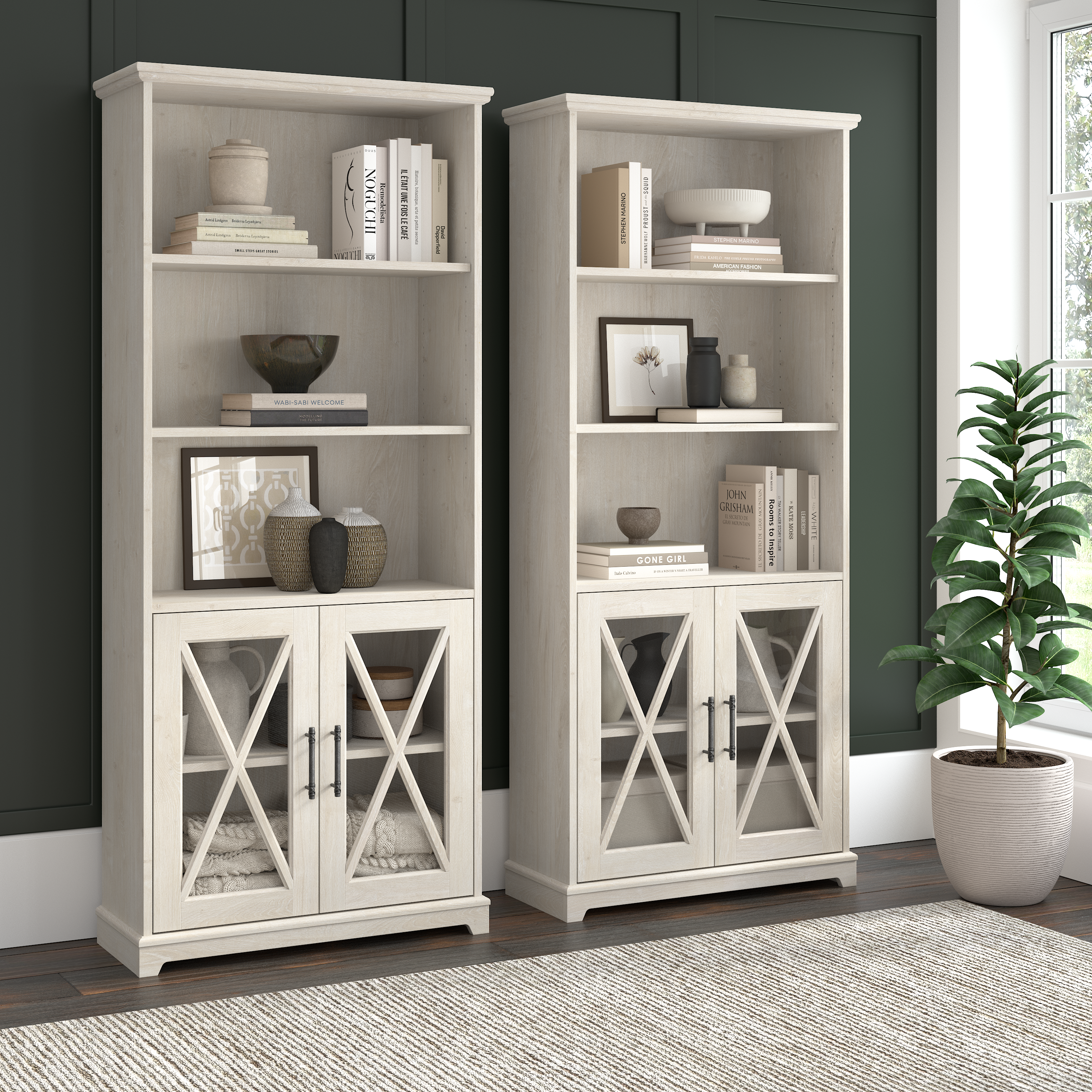 Shop Bush Furniture Lennox Farmhouse 5 Shelf Bookcase with Glass Doors - Set of 2 01 LEN001LW #color_linen white oak