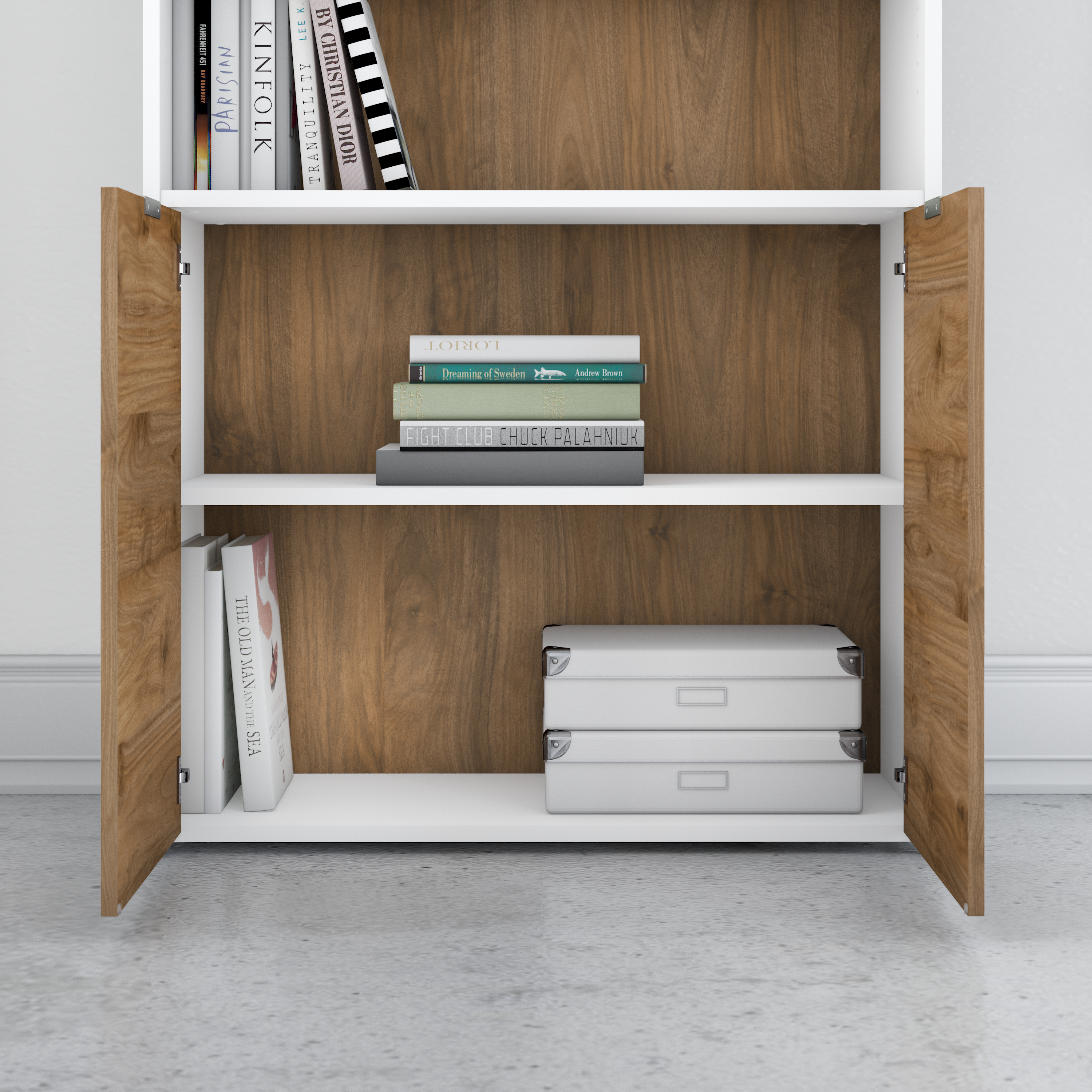 Shop Bush Business Furniture Jamestown 5 Shelf Bookcase with Doors 03 JTB136FWWH #color_fresh walnut/white