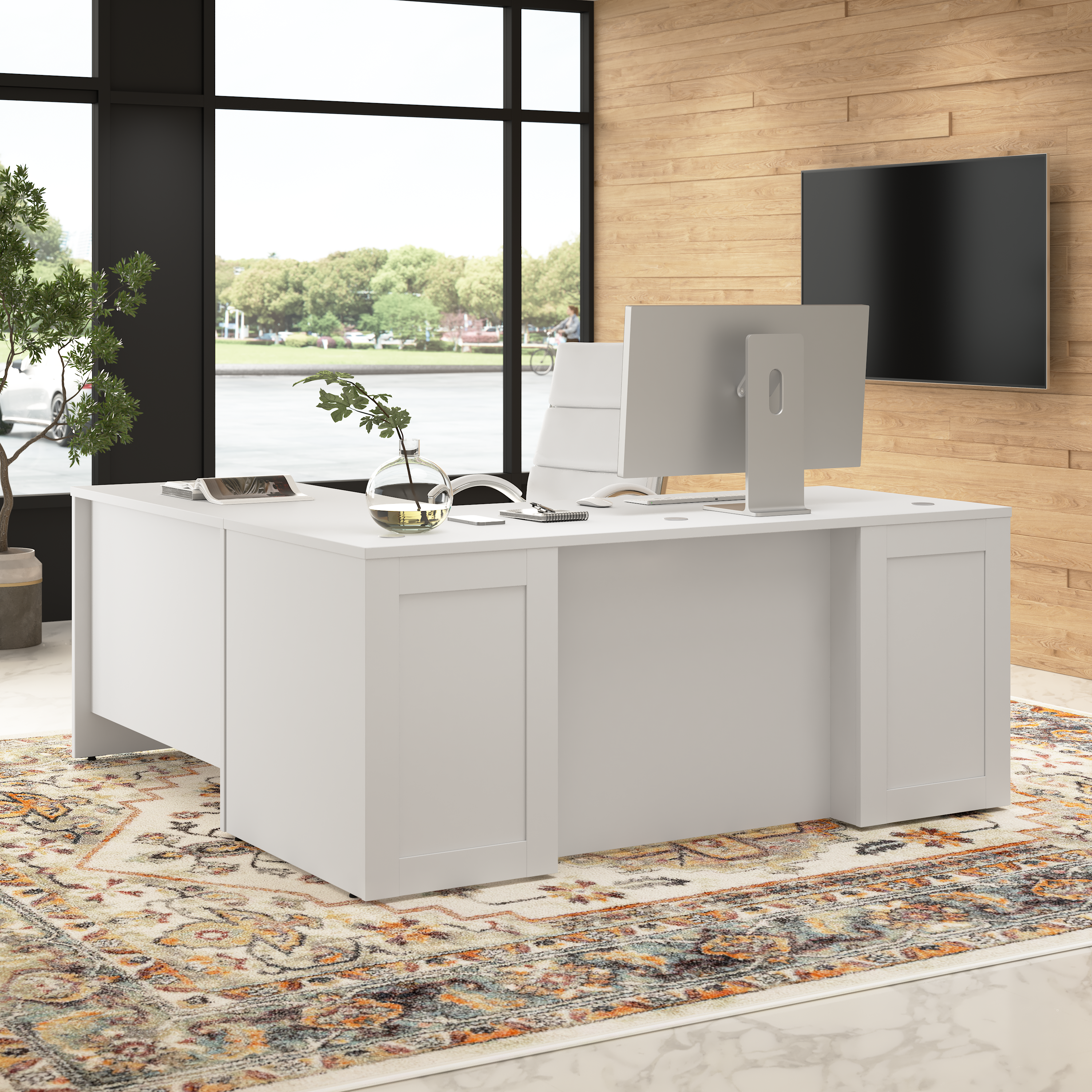 Shop Bush Business Furniture Hampton Heights 72W x 30D Executive L-Shaped Desk with 3 Drawer Mobile File Cabinet 01 HHD001WH #color_white