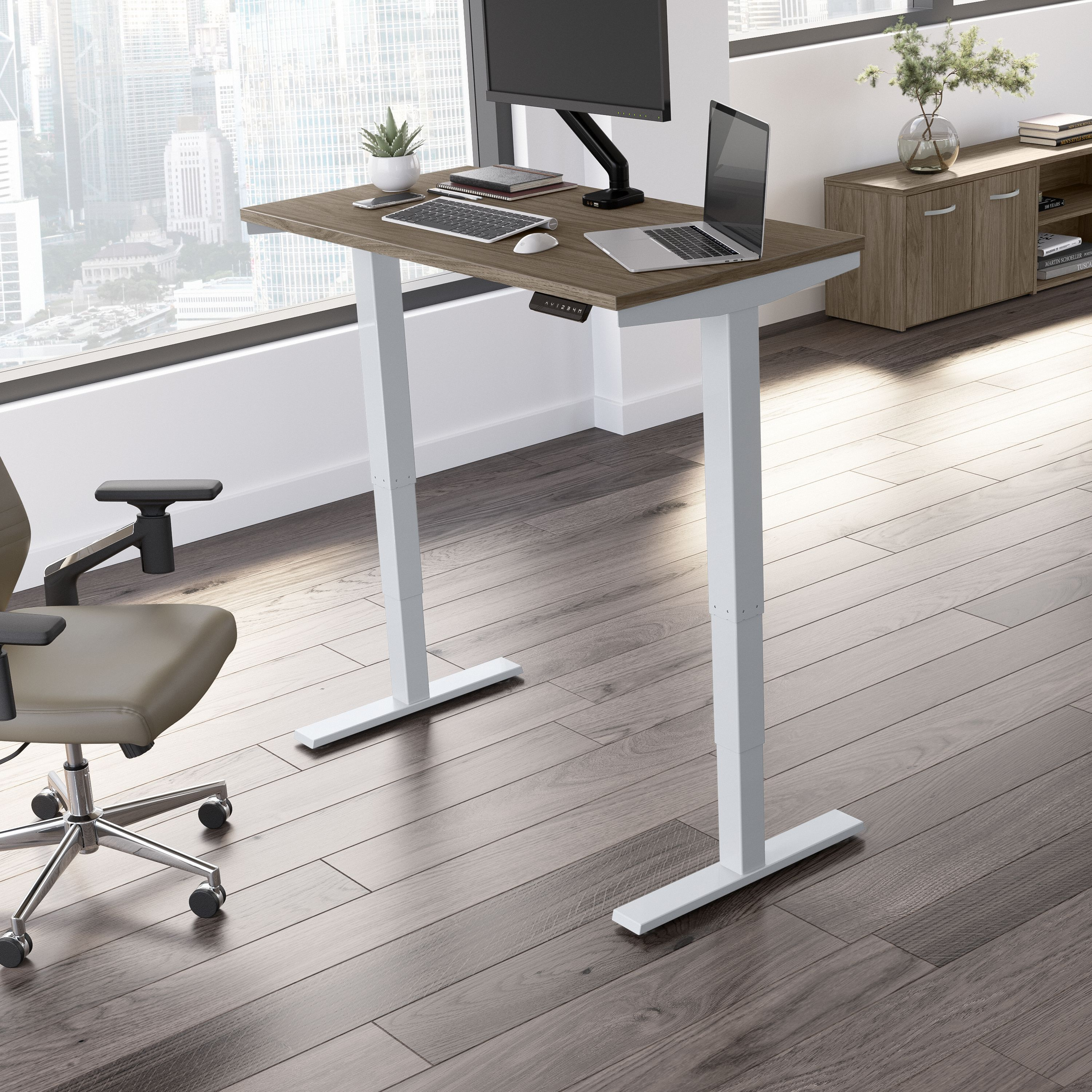 Shop Move 40 Series by Bush Business Furniture 48W x 24D Electric Height Adjustable Standing Desk 01 M4S4824MHSK #color_modern hickory/cool gray metallic