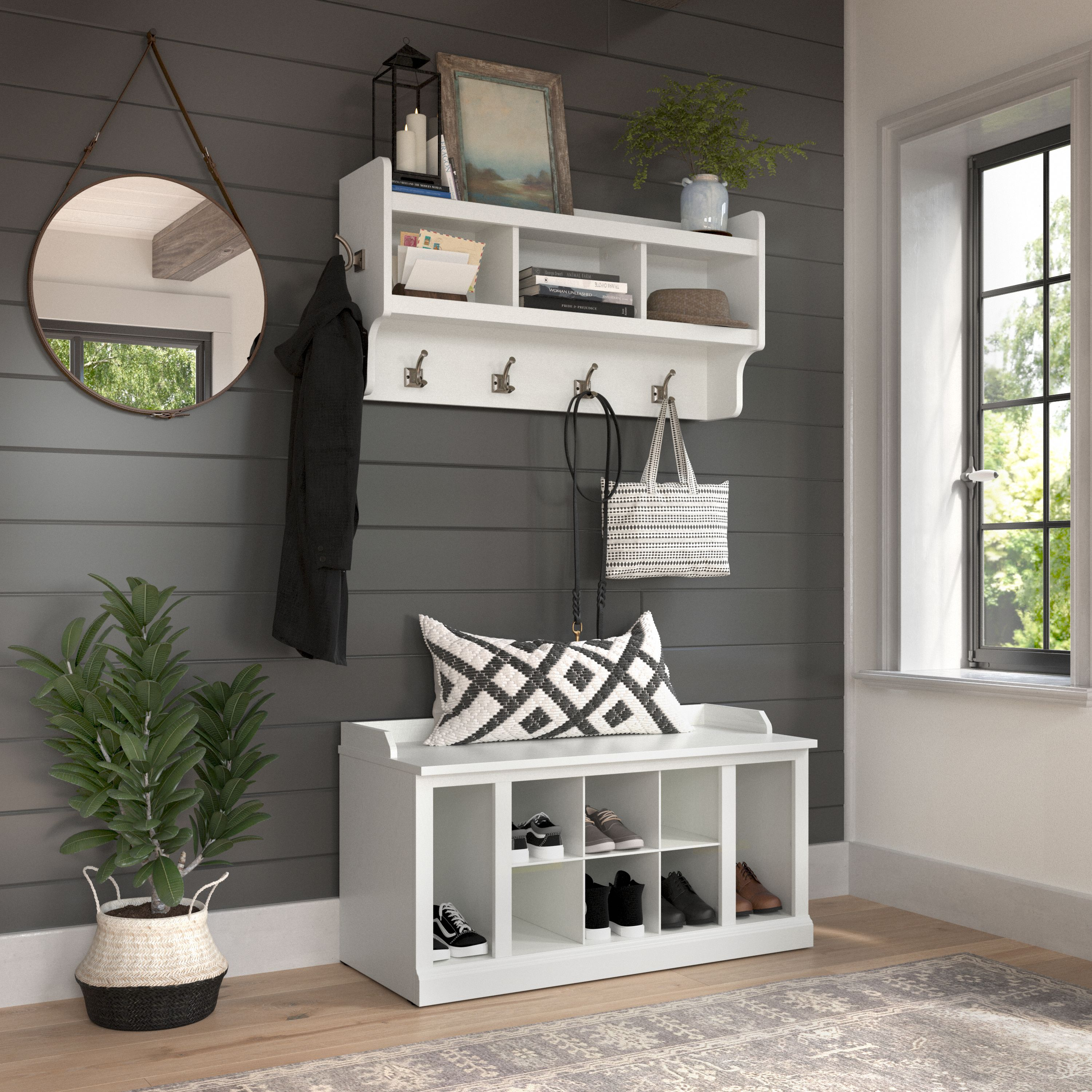 Shop Bush Furniture Woodland 40W Shoe Storage Bench with Shelves and Wall Mounted Coat Rack 01 WDL004WAS #color_white ash