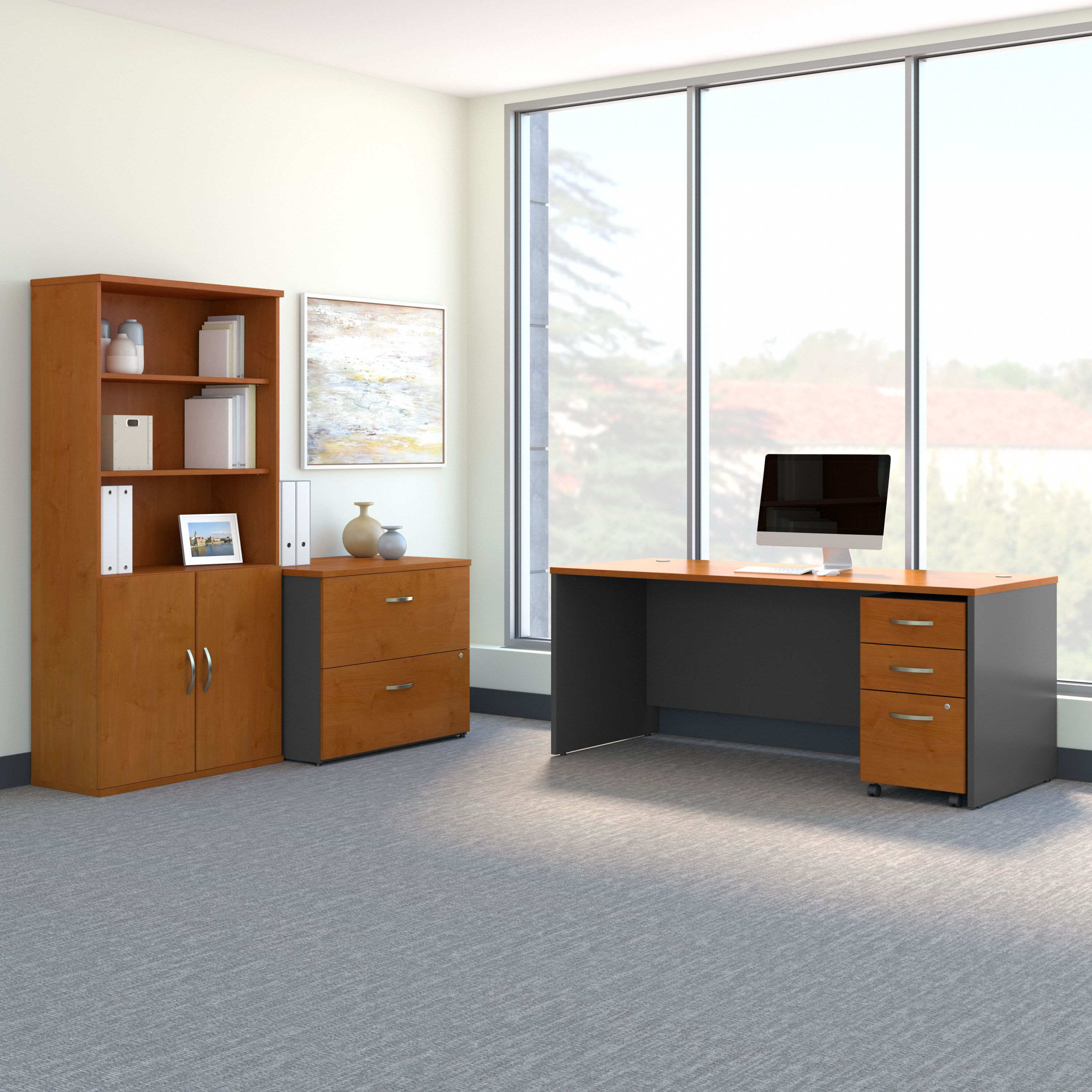 Shop Bush Business Furniture Series C 72W Office Desk with Bookcase and File Cabinets 01 SRC097NCSU #color_natural cherry/graphite gray