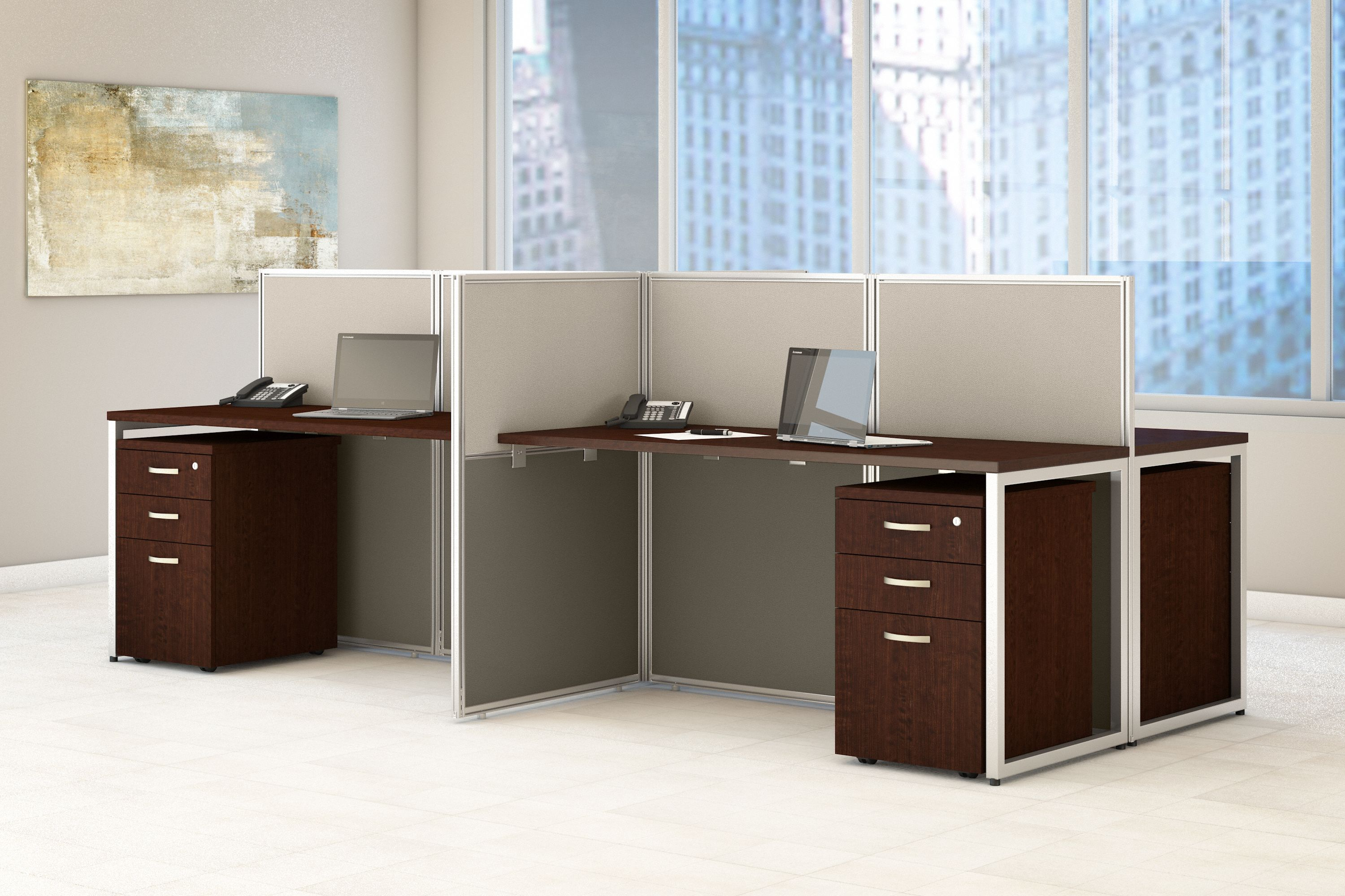 Shop Bush Business Furniture Easy Office 60W 4 Person Cubicle Desk with File Cabinets and 45H Panels 01 EOD660SMR-03K #color_mocha cherry