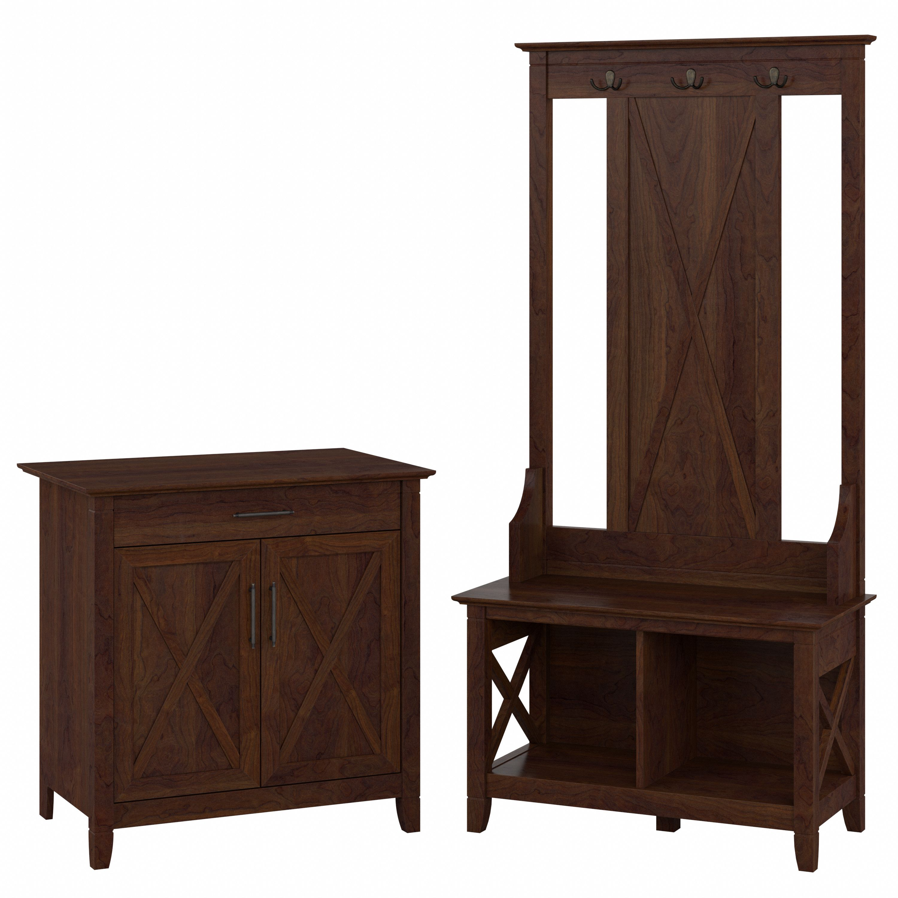 Shop Bush Furniture Key West Entryway Storage Set with Hall Tree, Shoe Bench and Armoire Cabinet 02 KWS055BC #color_bing cherry