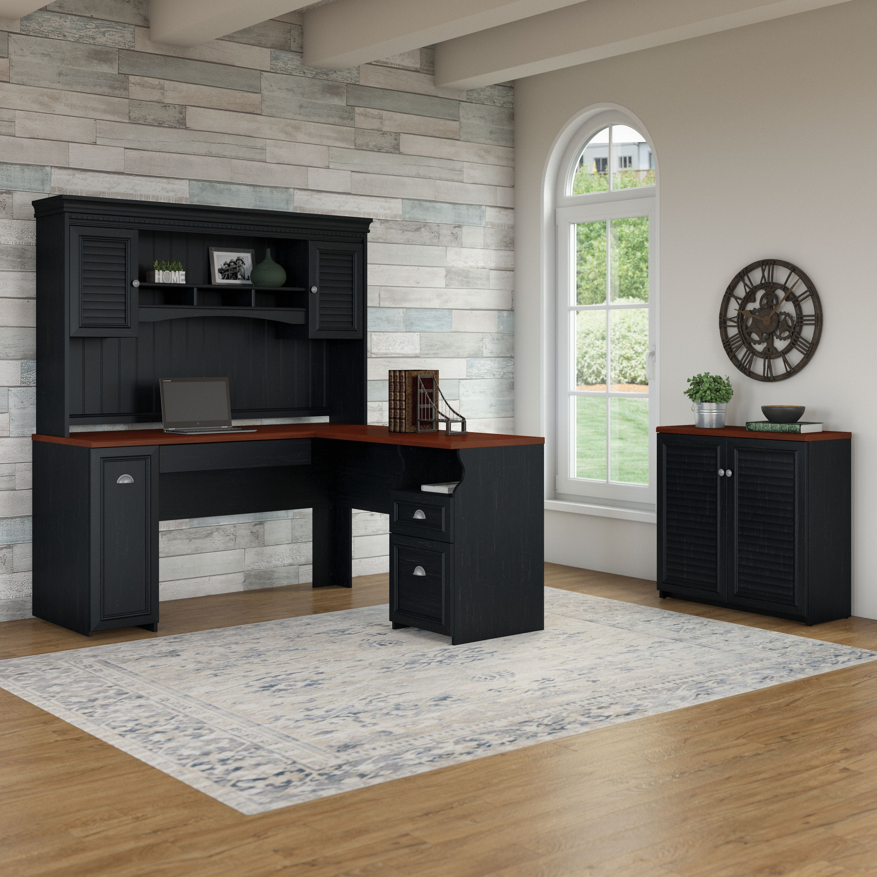 Shop Bush Furniture Fairview 60W L Shaped Desk with Hutch and Small Storage Cabinet 01 FV012AB #color_antique black